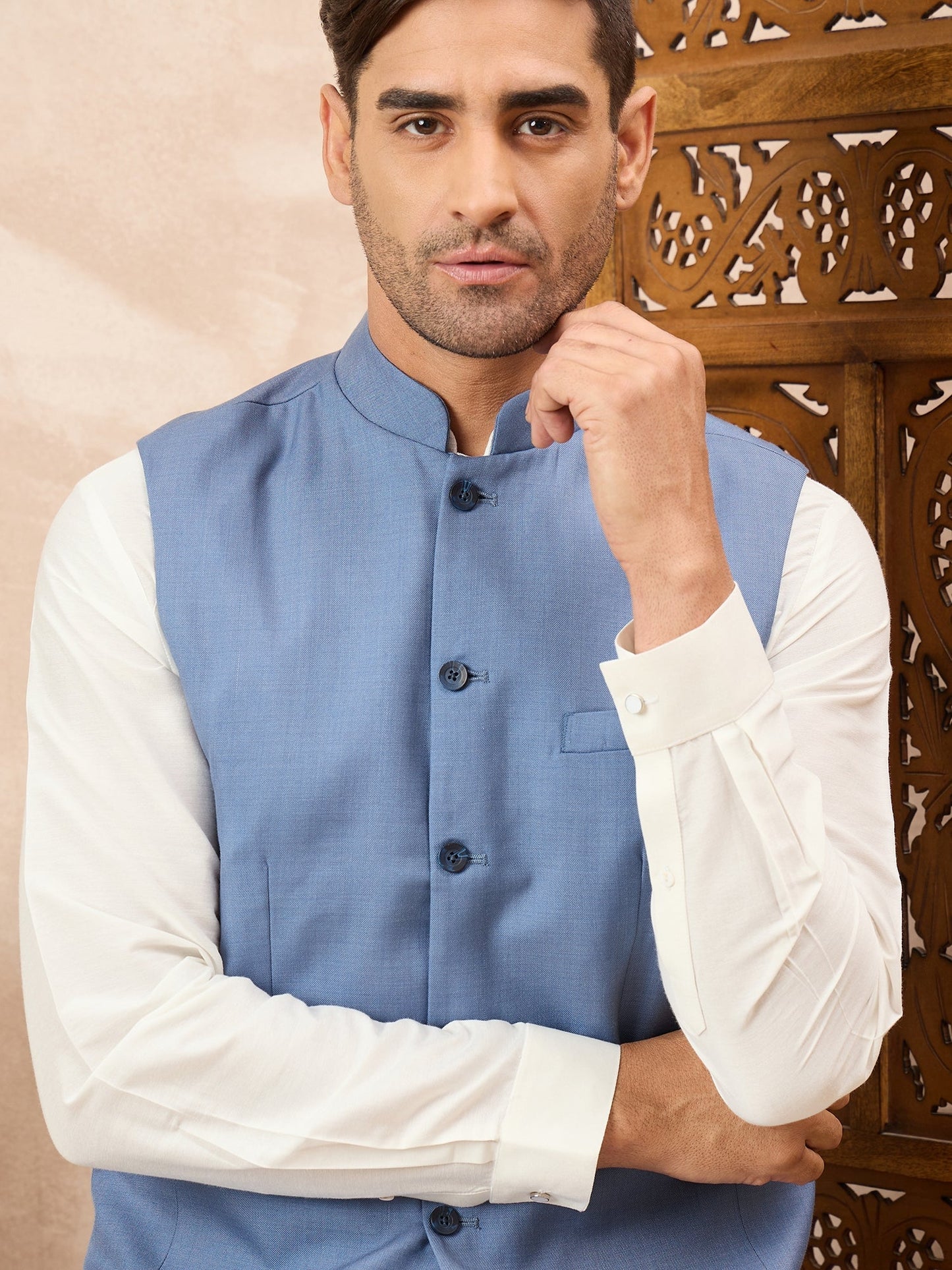 Blue Waistcoat with White Kurta Set