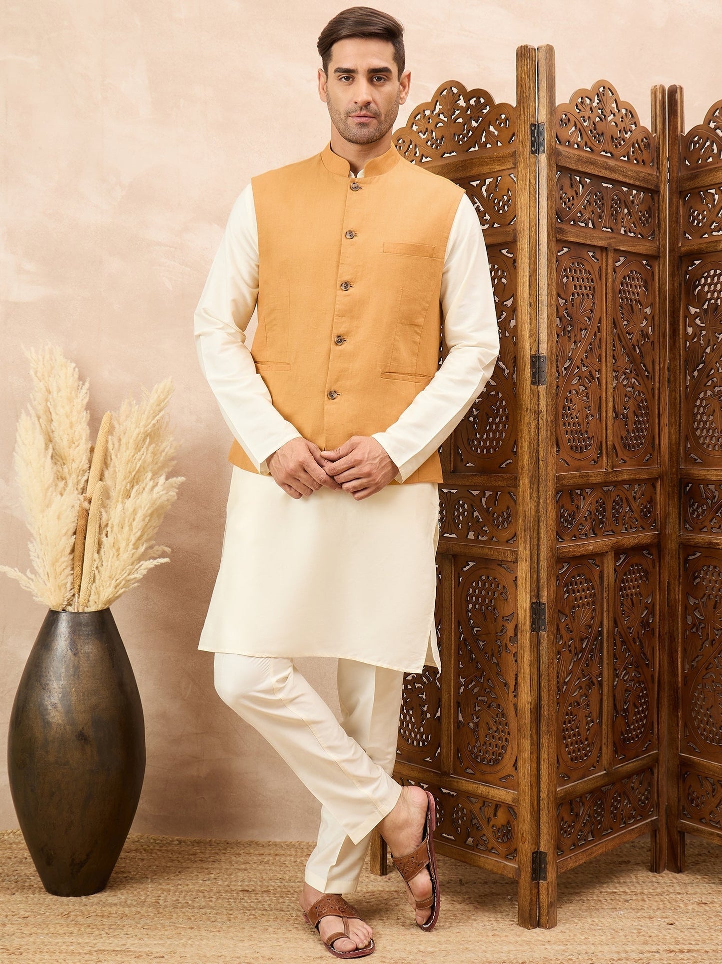Mustard Kurta Waistcoat Set