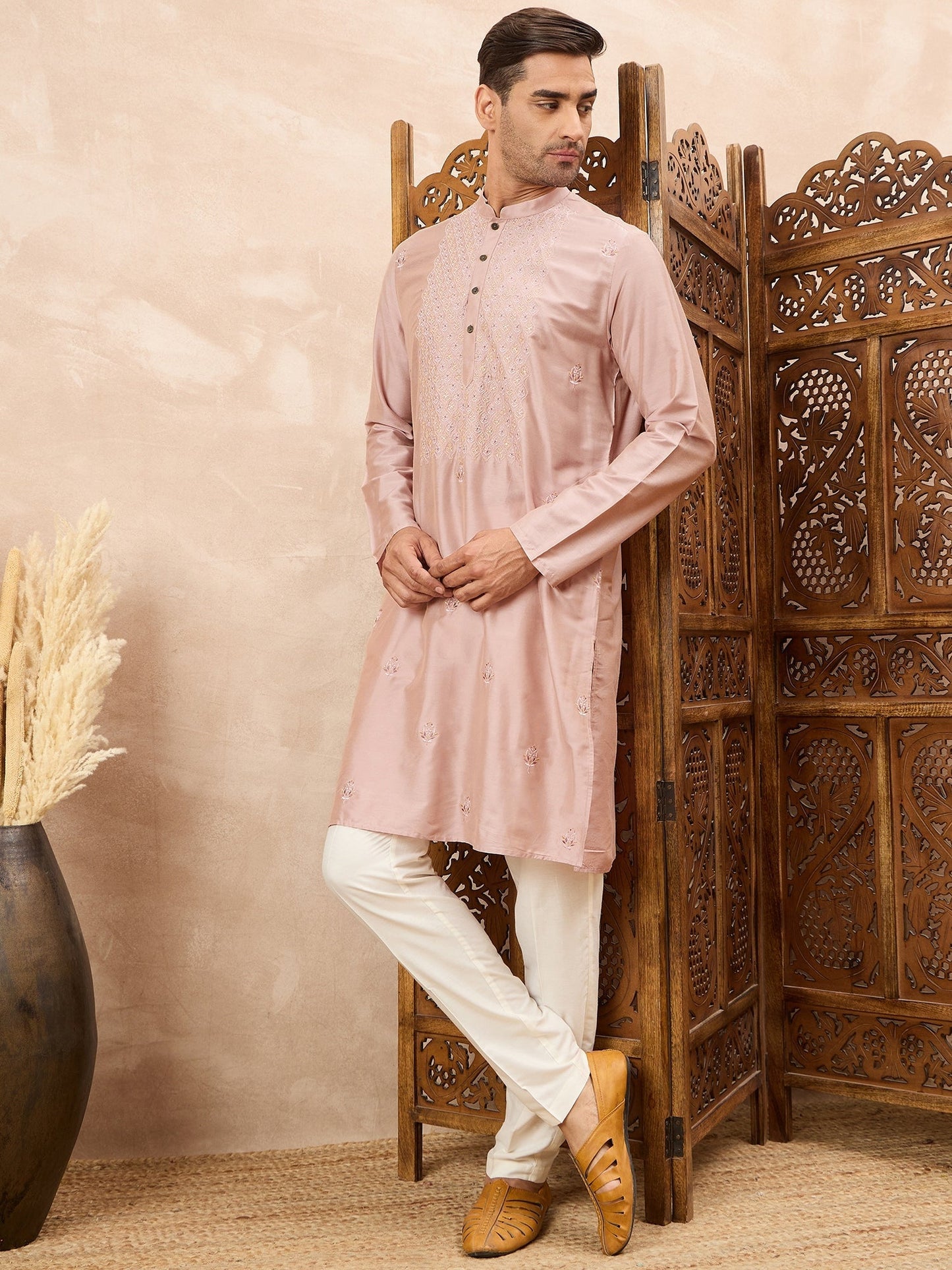 Mauve Embroidered Kurta Pyjama Set
