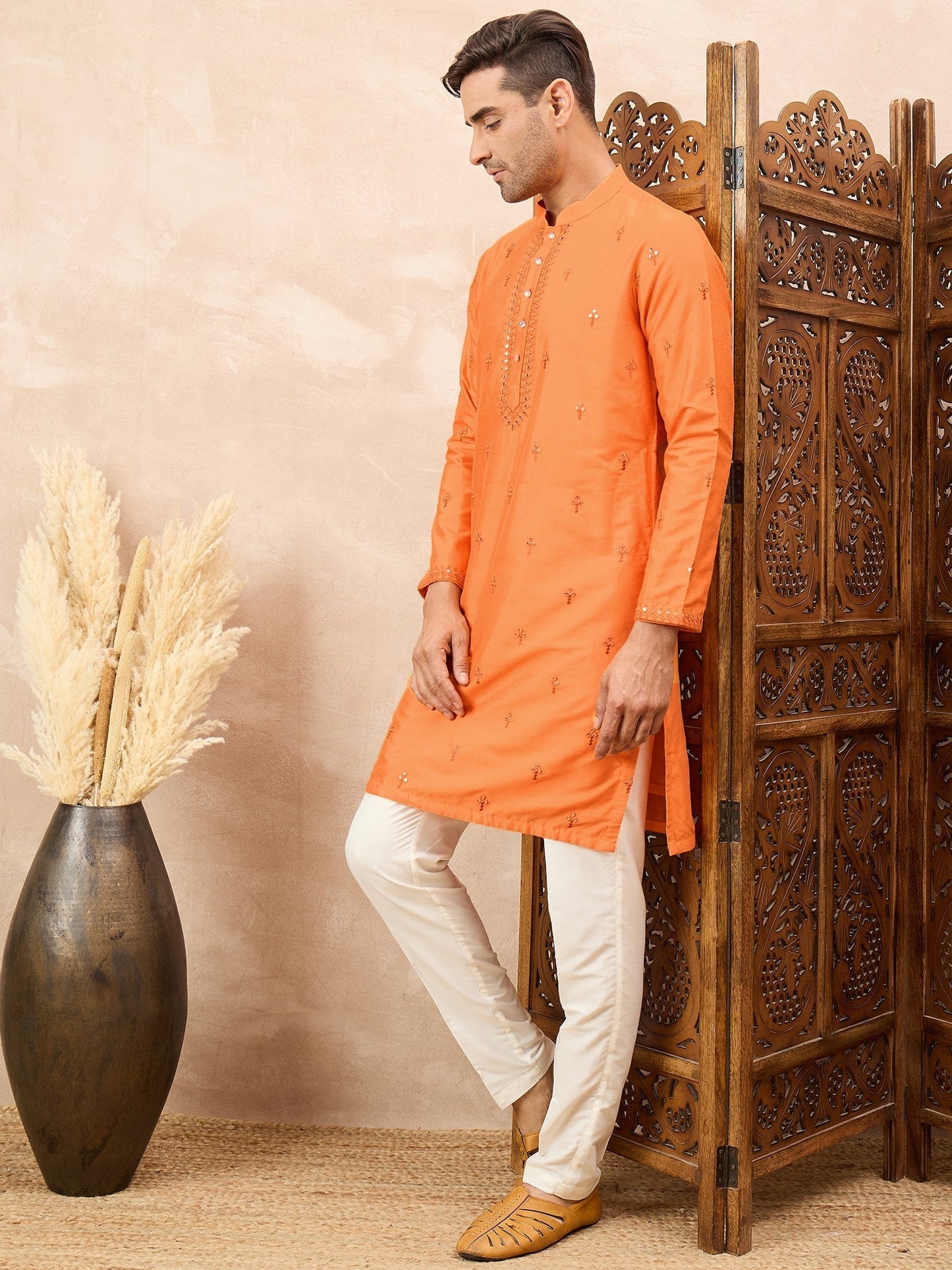 Orange Embroidered Kurta Pyjama Set