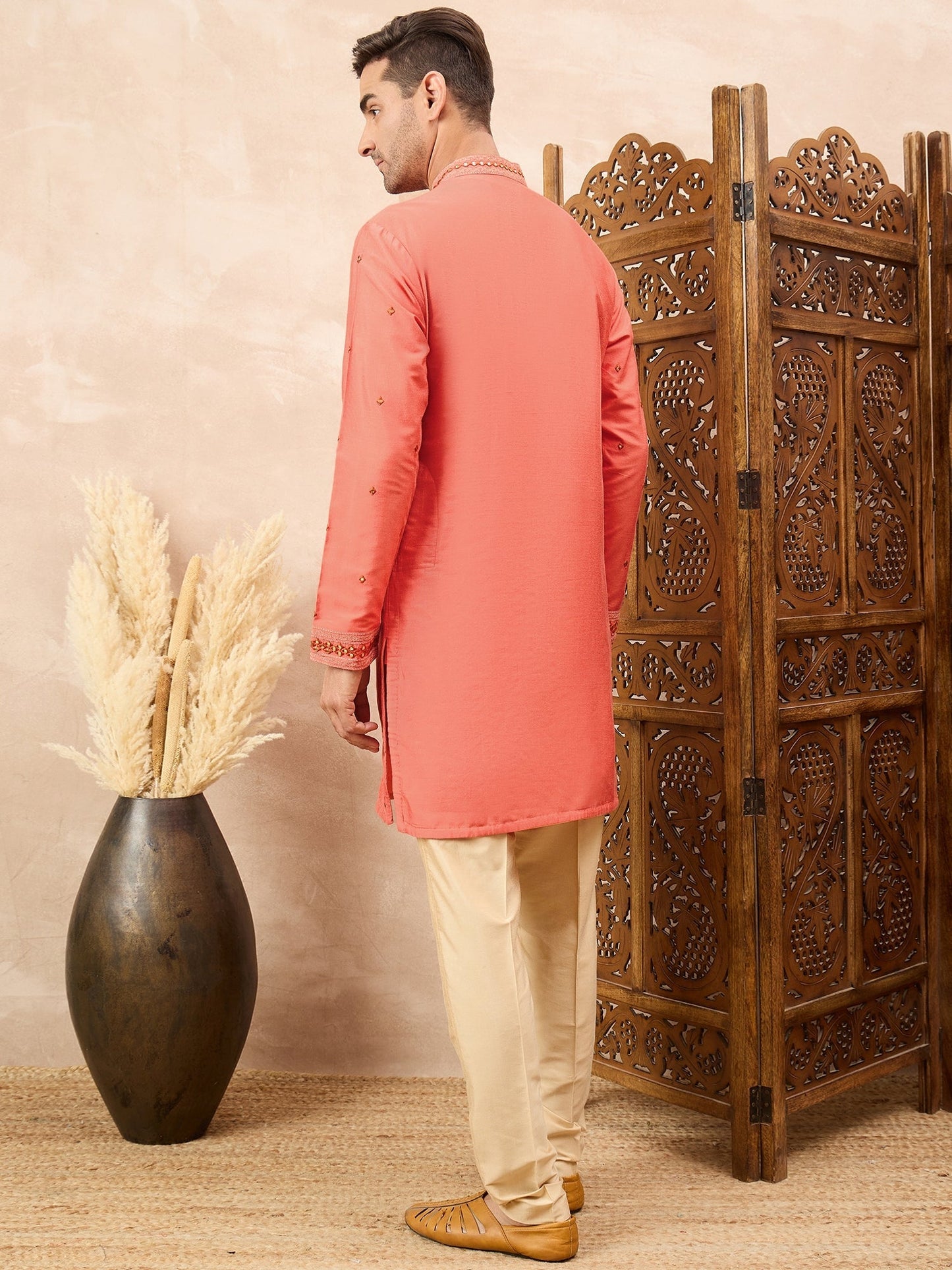 Coral Kurta Pyjama Set with Heavy Embroidery