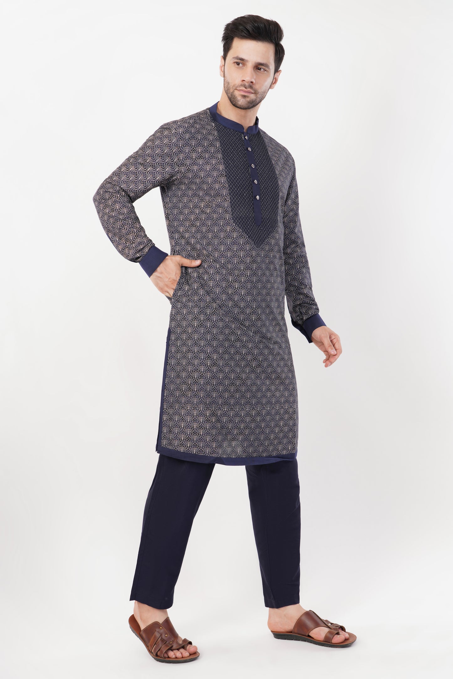 Black Cotton Zari Embroidered Kurta Set