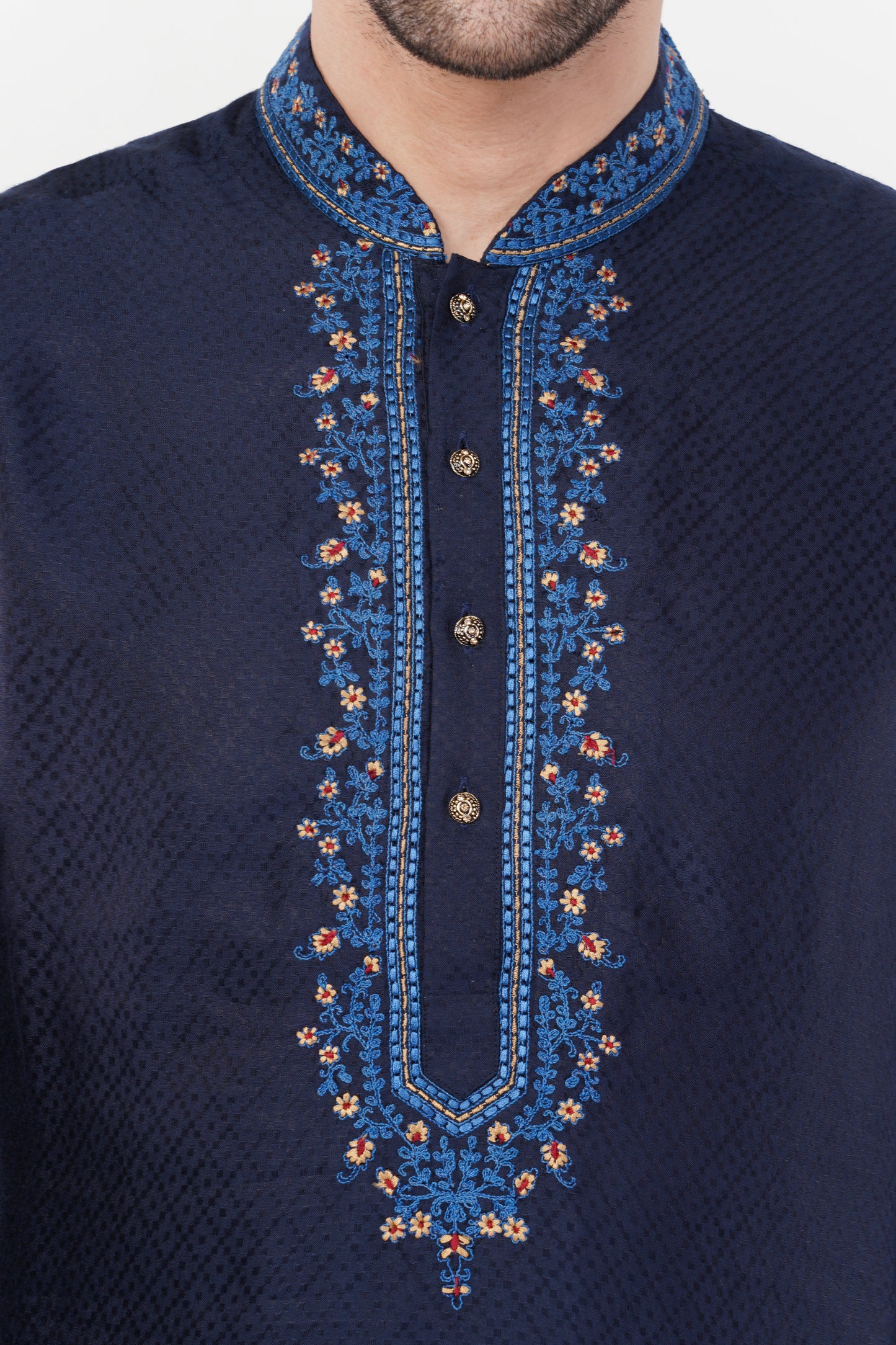Navy Blue Jacquard Contrast Collar Kurta Set