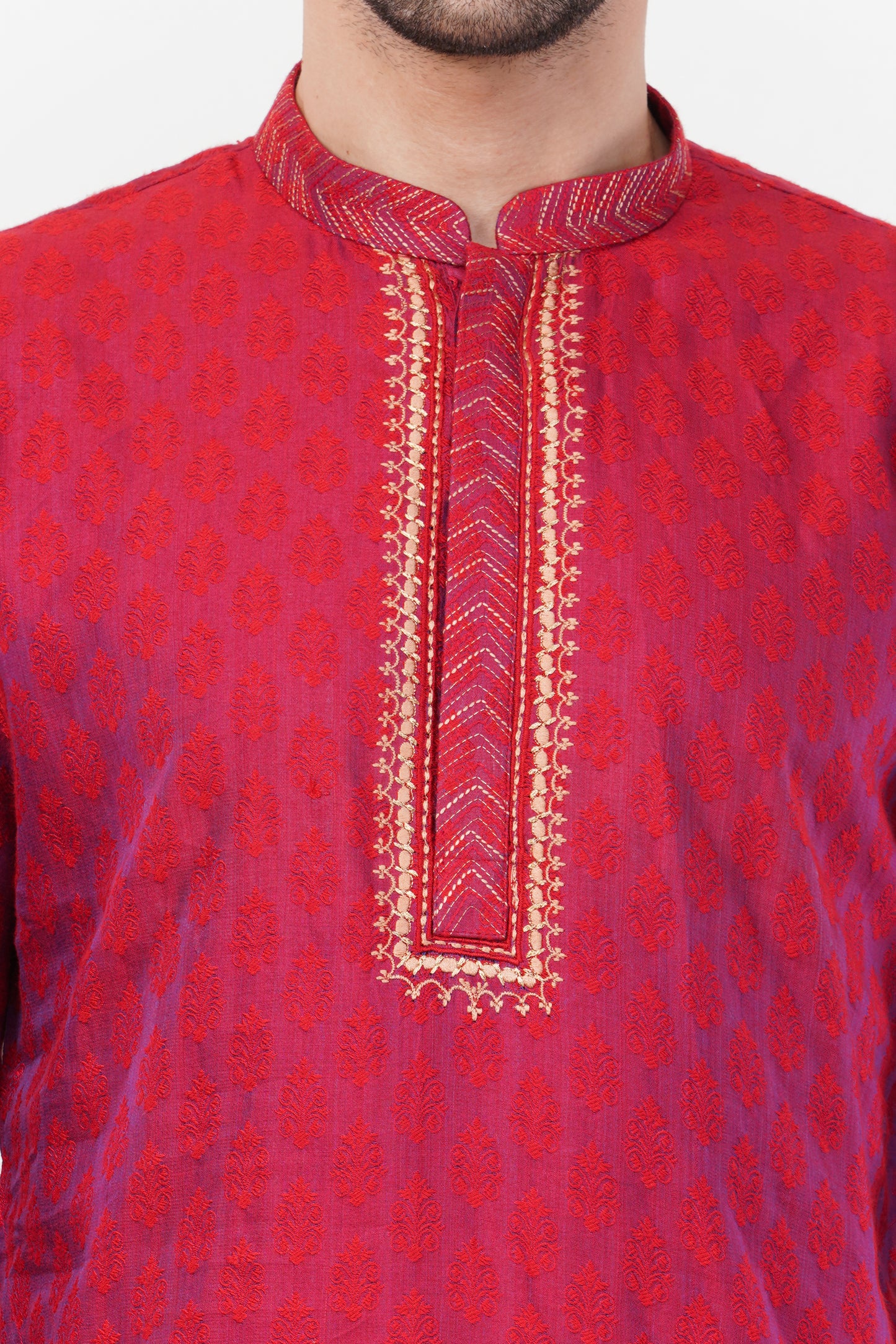 Ruby Red Rayon Embroidered Placket Kurta set