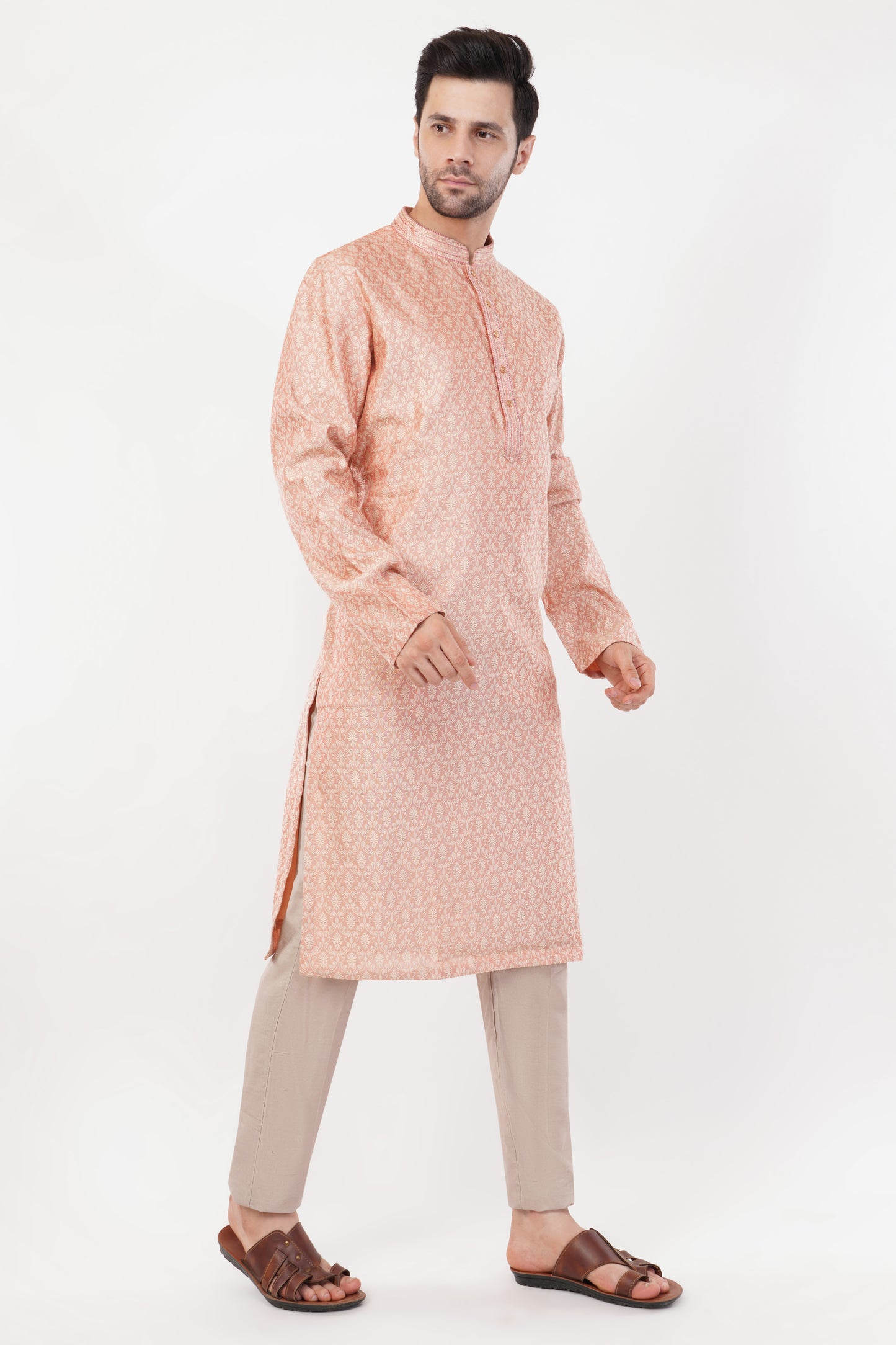 Peach Rayon Blend Printed Kurta Set