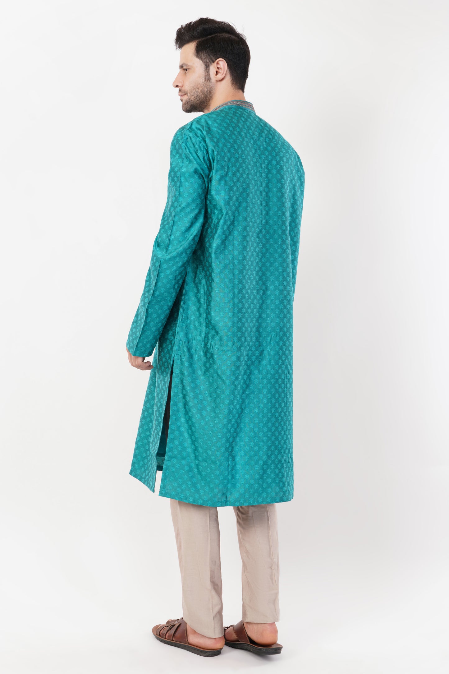 Teal Blue Polyester Intricate Kurta Set