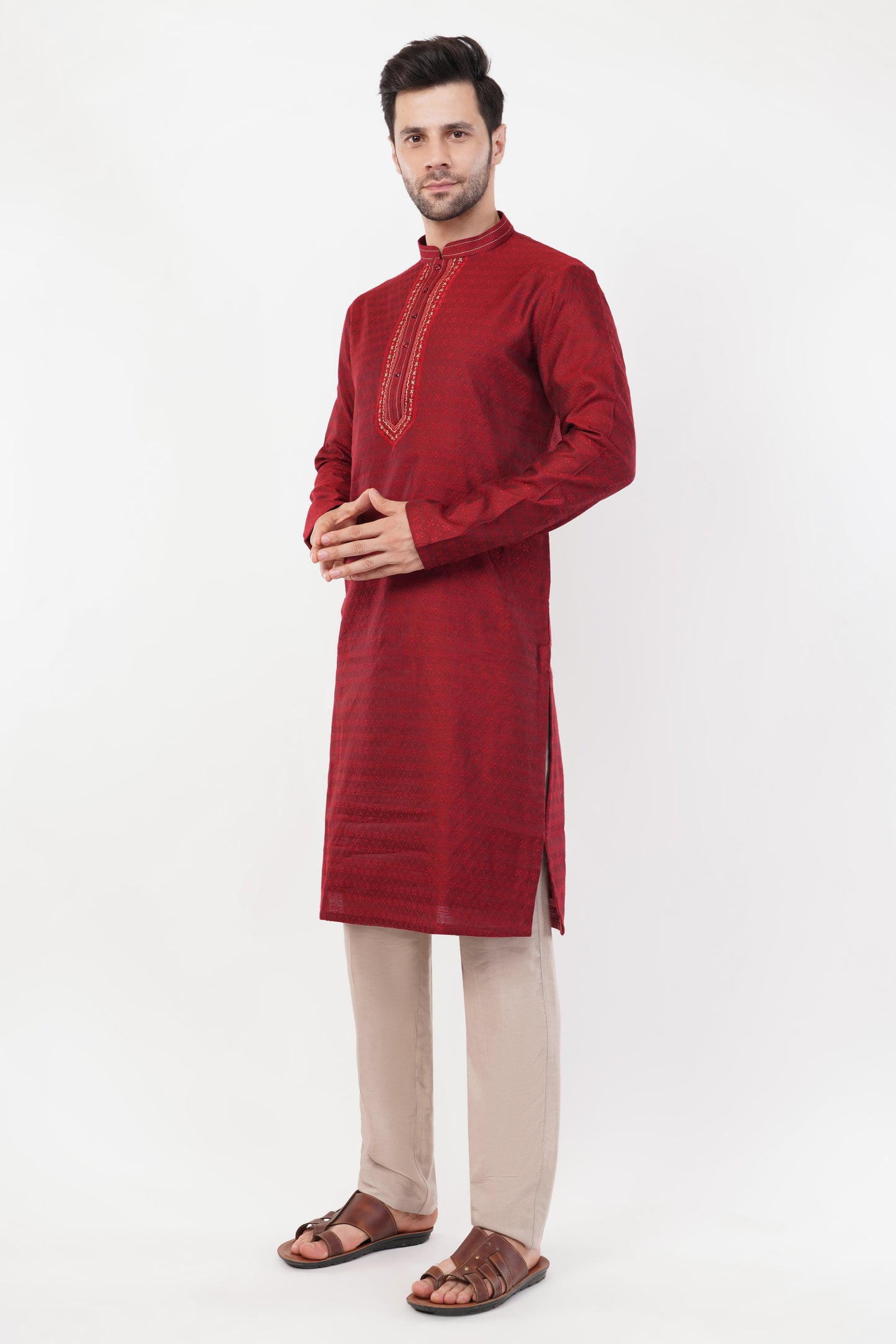 Maroon Jacquard Resham Embroidered Kurta Set