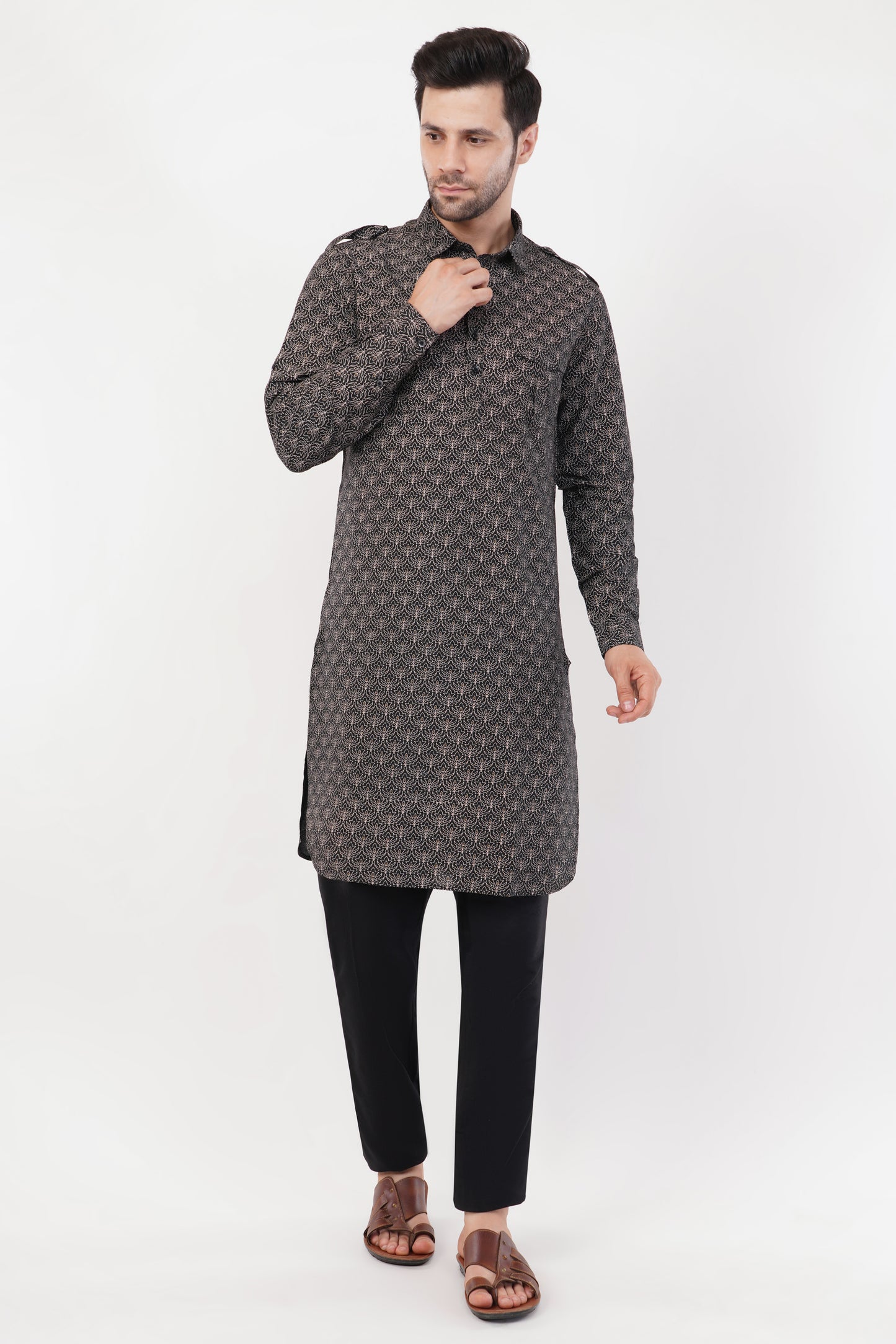 Stylish Black Cotton Printed Pintuck Pathani Set