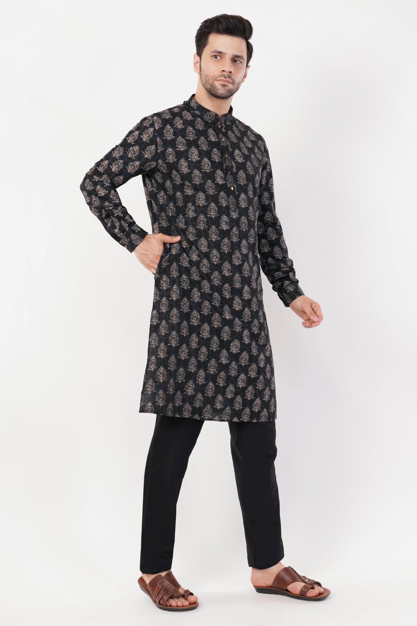 Black Printed Cotton Traditional Motifs Kurta Set