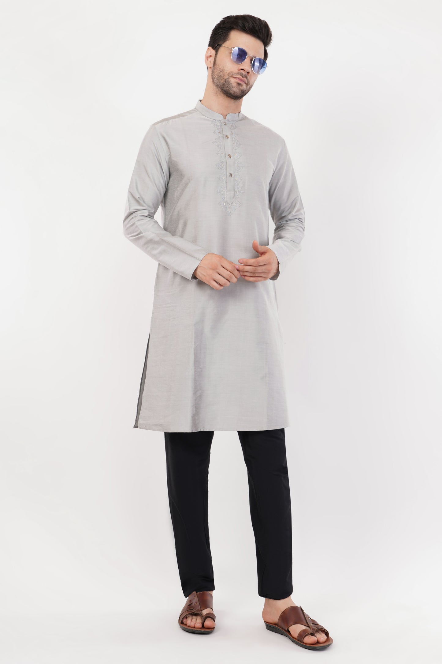 Light Grey Textured Cotton Kurta Set