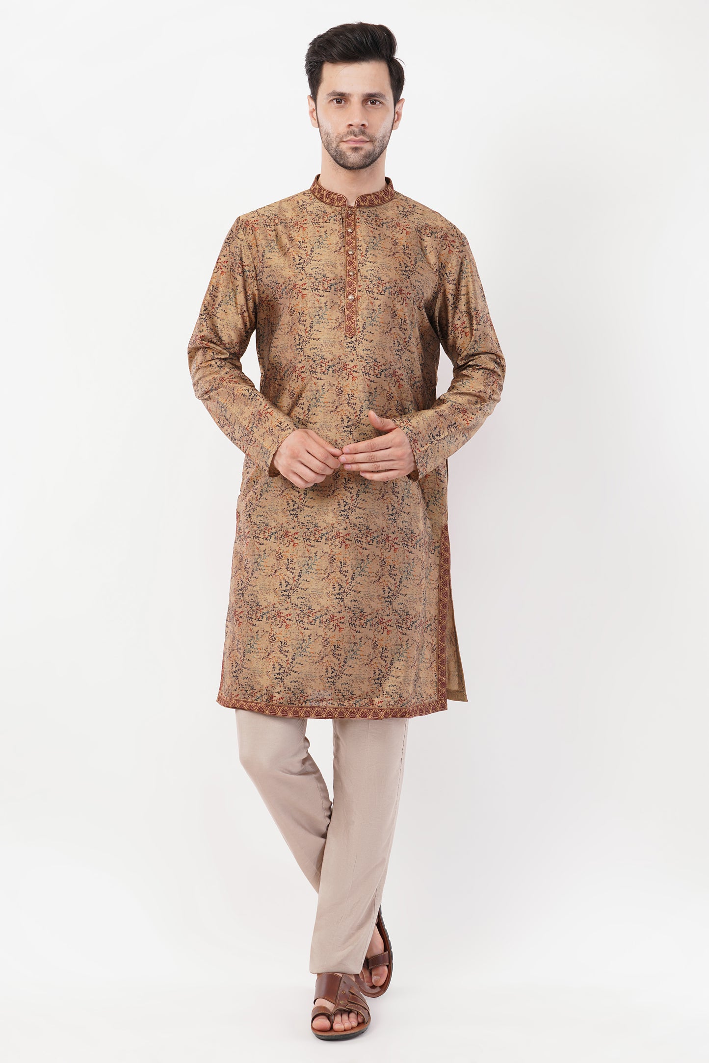 Golden Printed Cotton Elegant Detailing Kurta Set