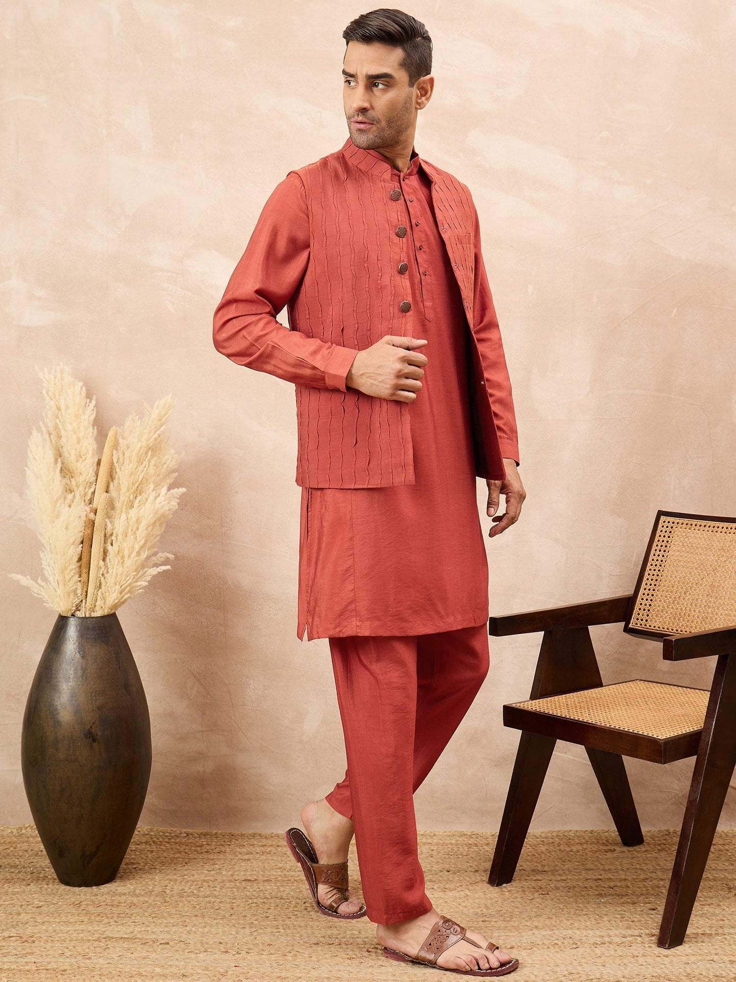 Rust Kurta Waistcoat Set