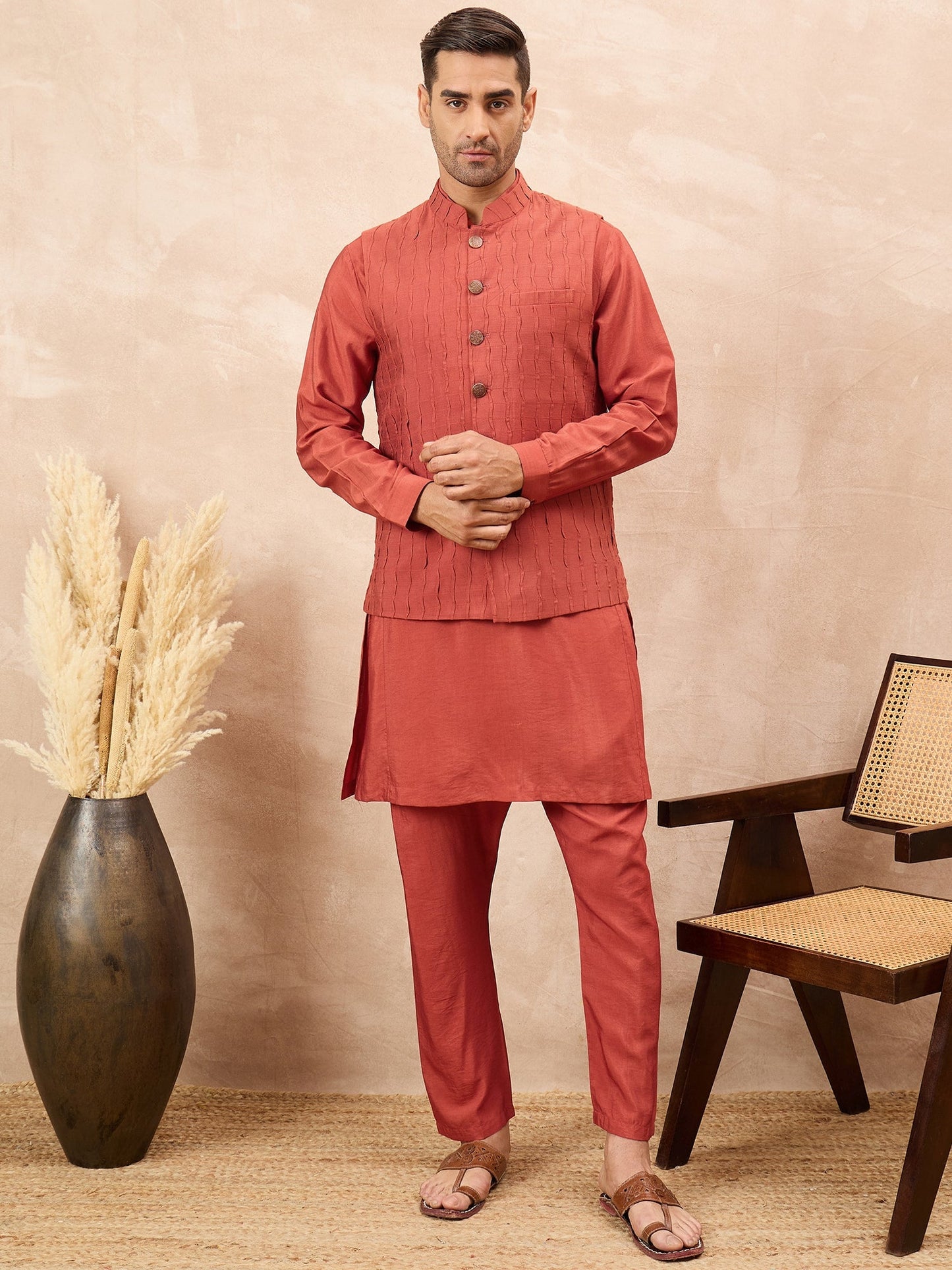 Rust Kurta Waistcoat Set