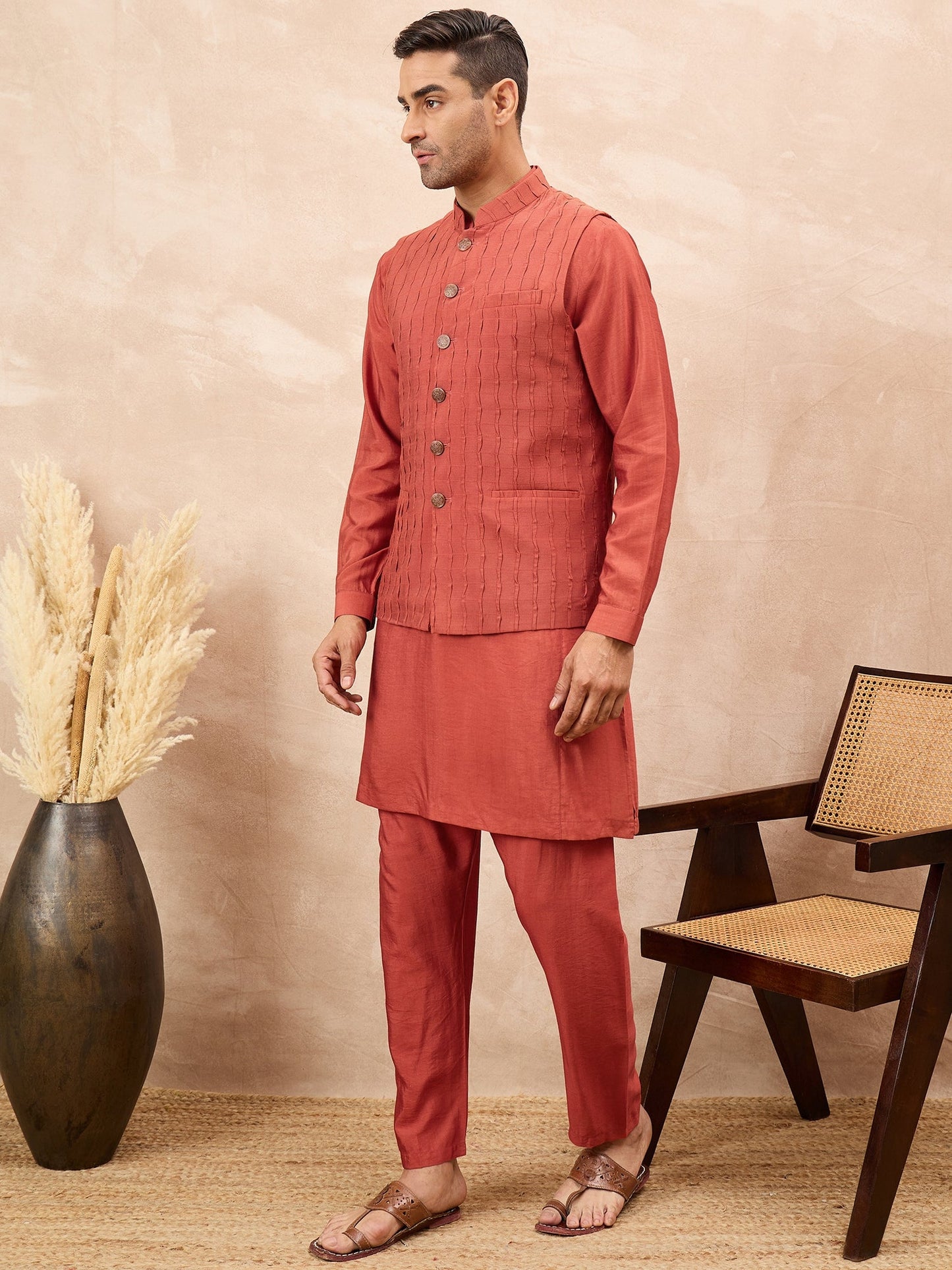 Rust Kurta Waistcoat Set