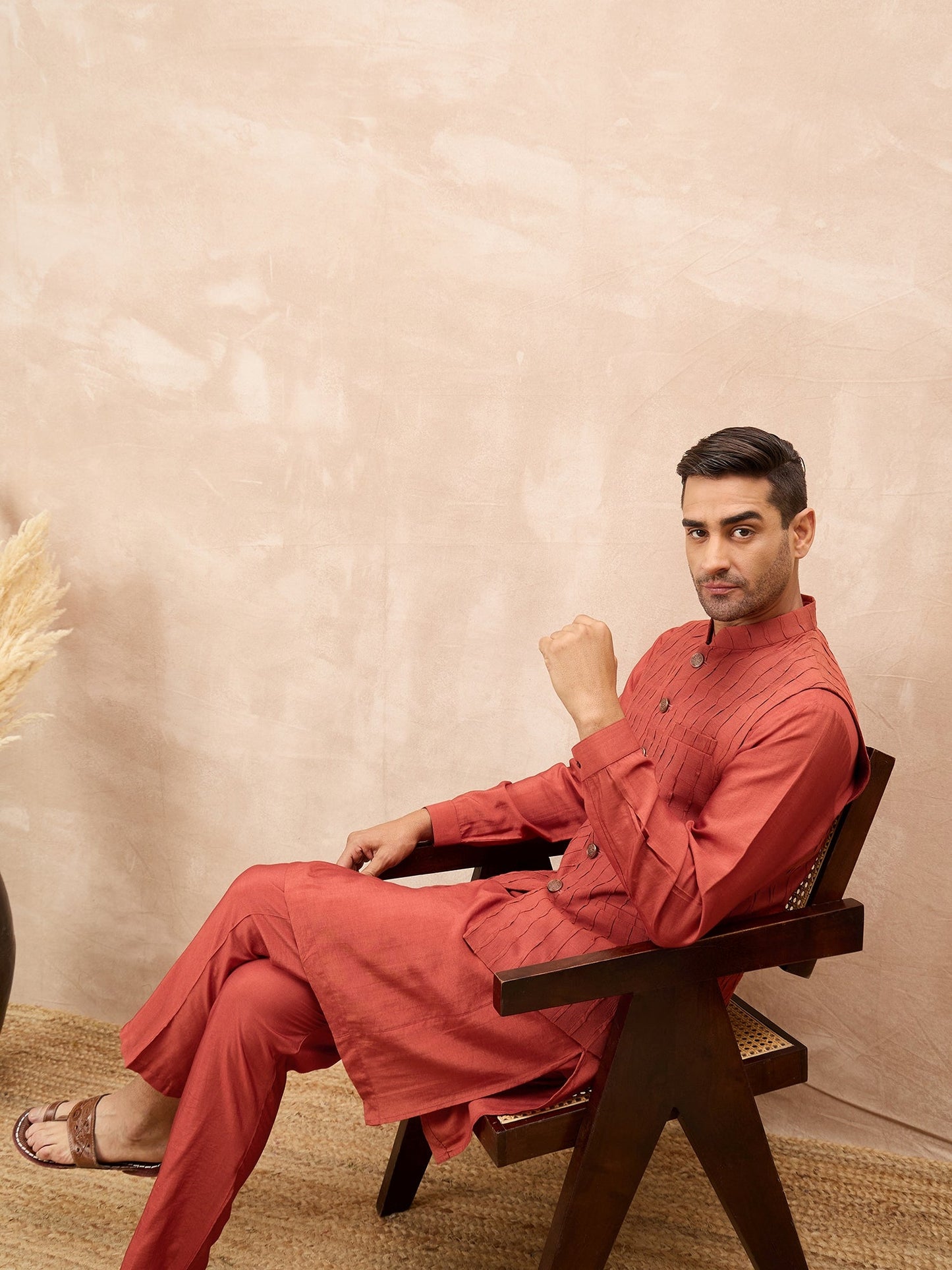 Rust Kurta Waistcoat Set