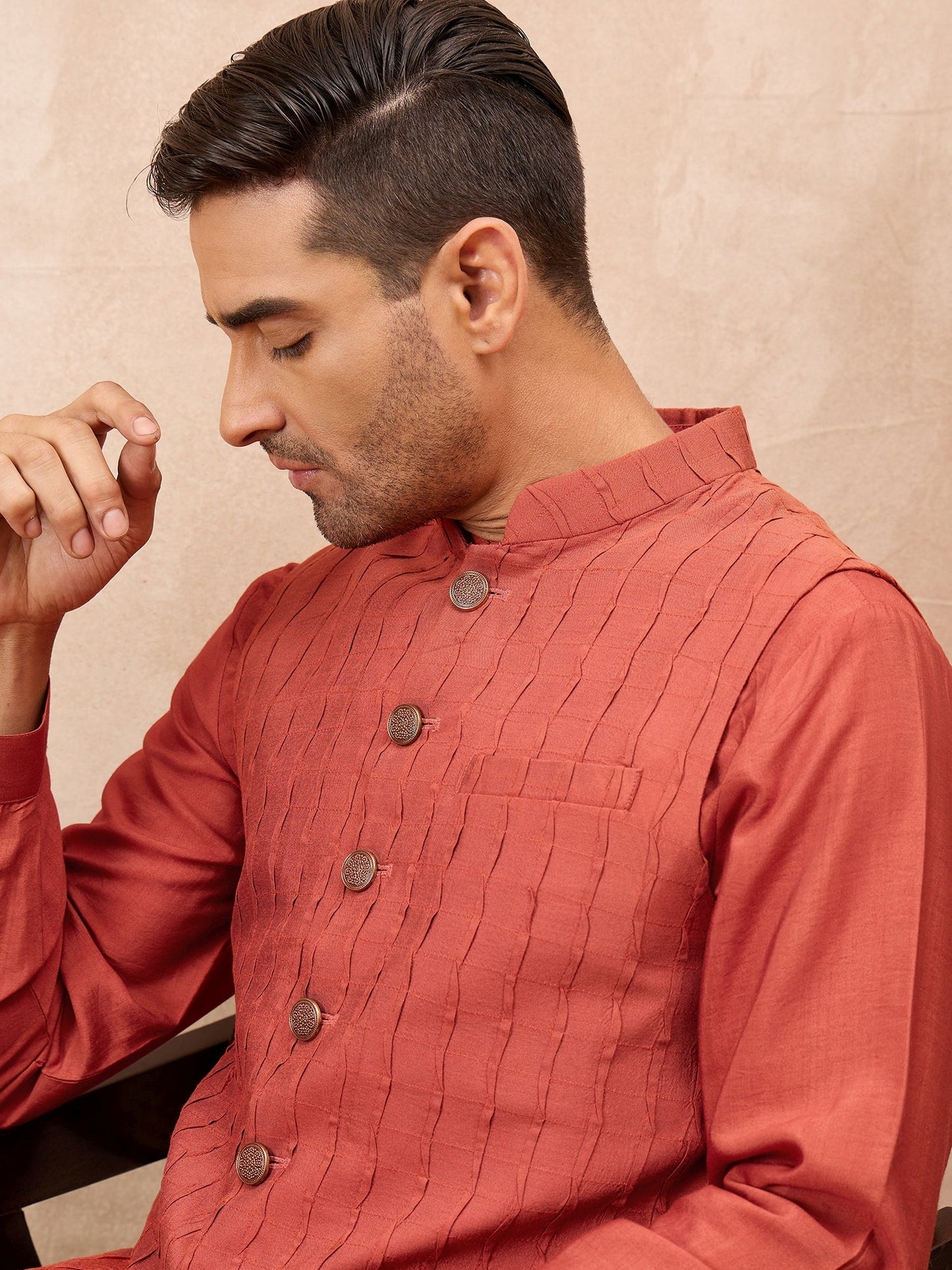 Rust Kurta Waistcoat Set