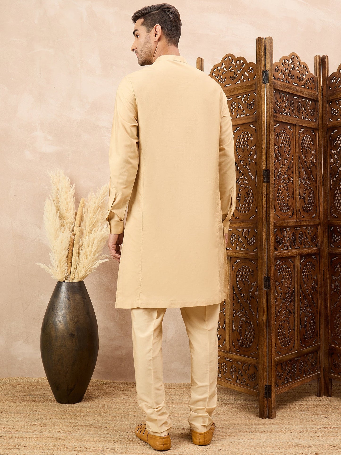 Beige Kurta Waistcoat Set with Floral Print