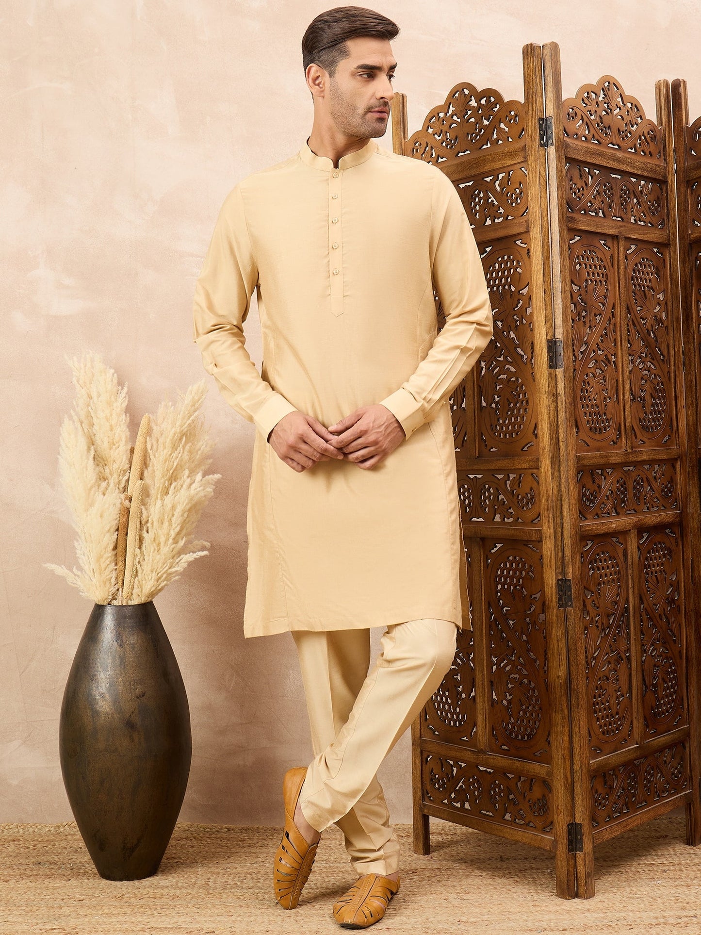 Beige Kurta Waistcoat Set with Floral Print