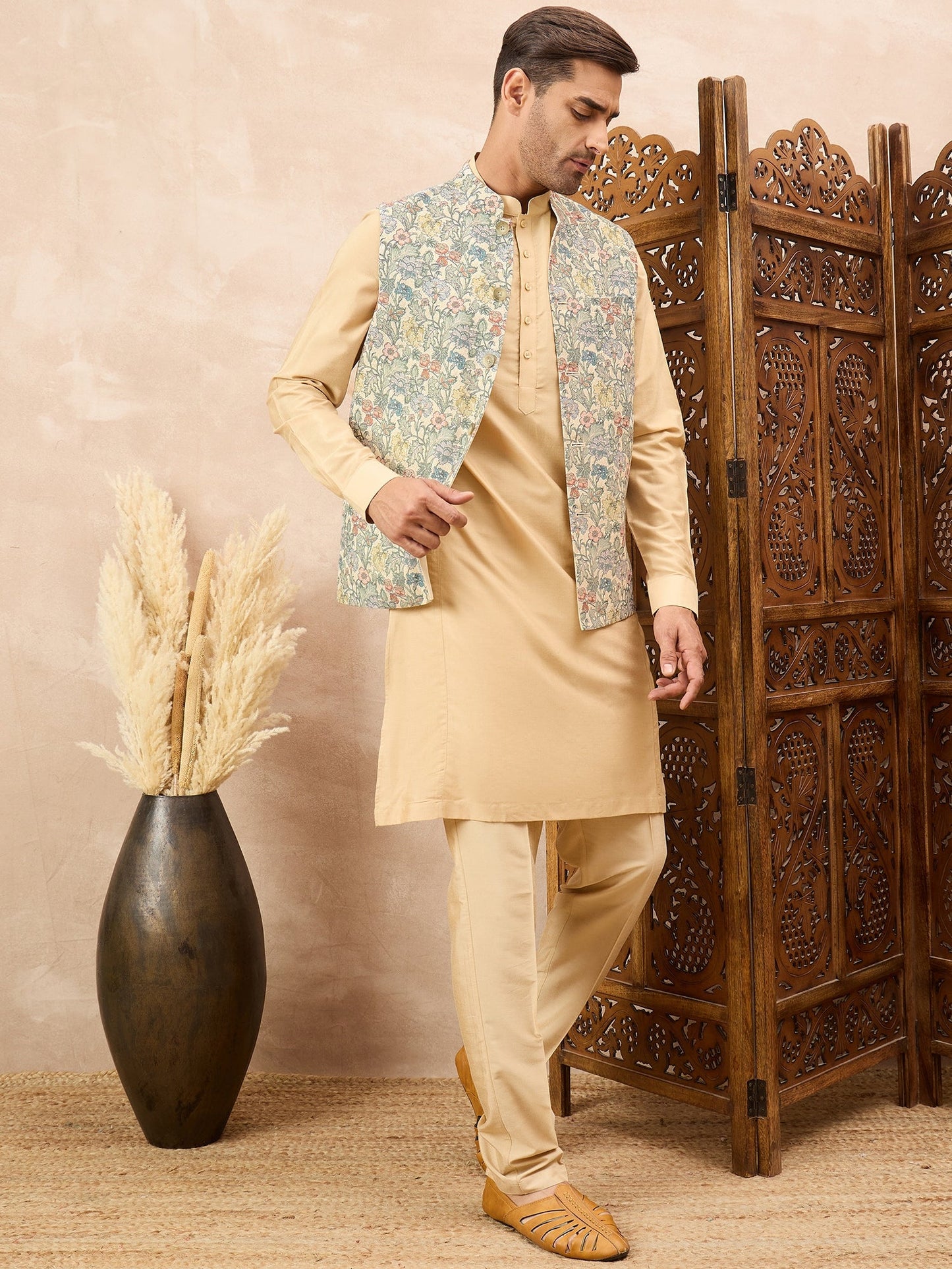 Beige Kurta Waistcoat Set with Floral Print
