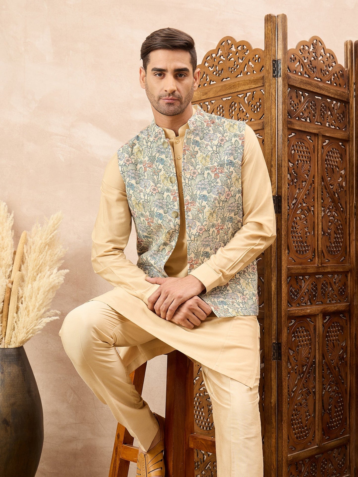 Beige Kurta Waistcoat Set with Floral Print