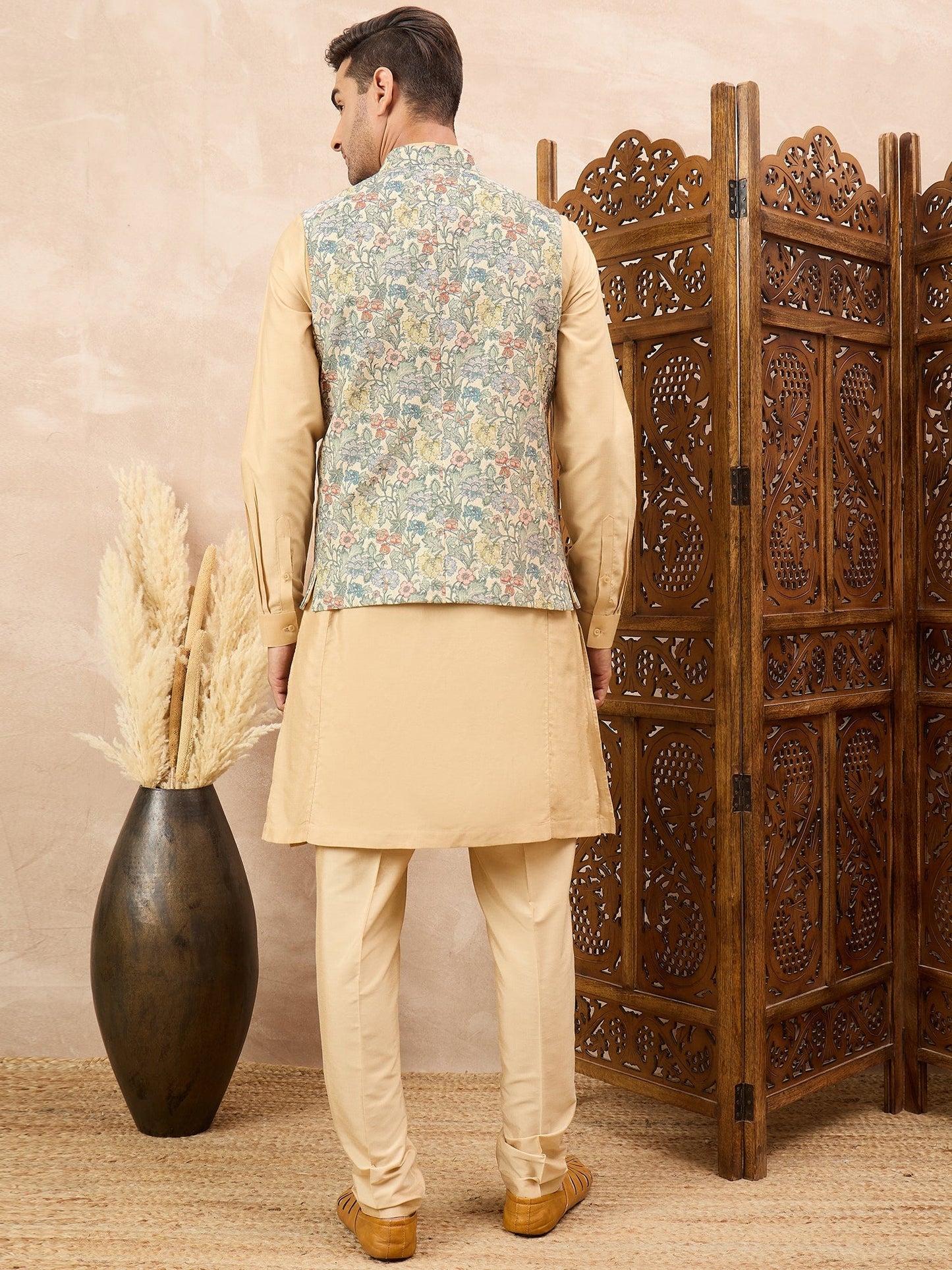Beige Kurta Waistcoat Set with Floral Print