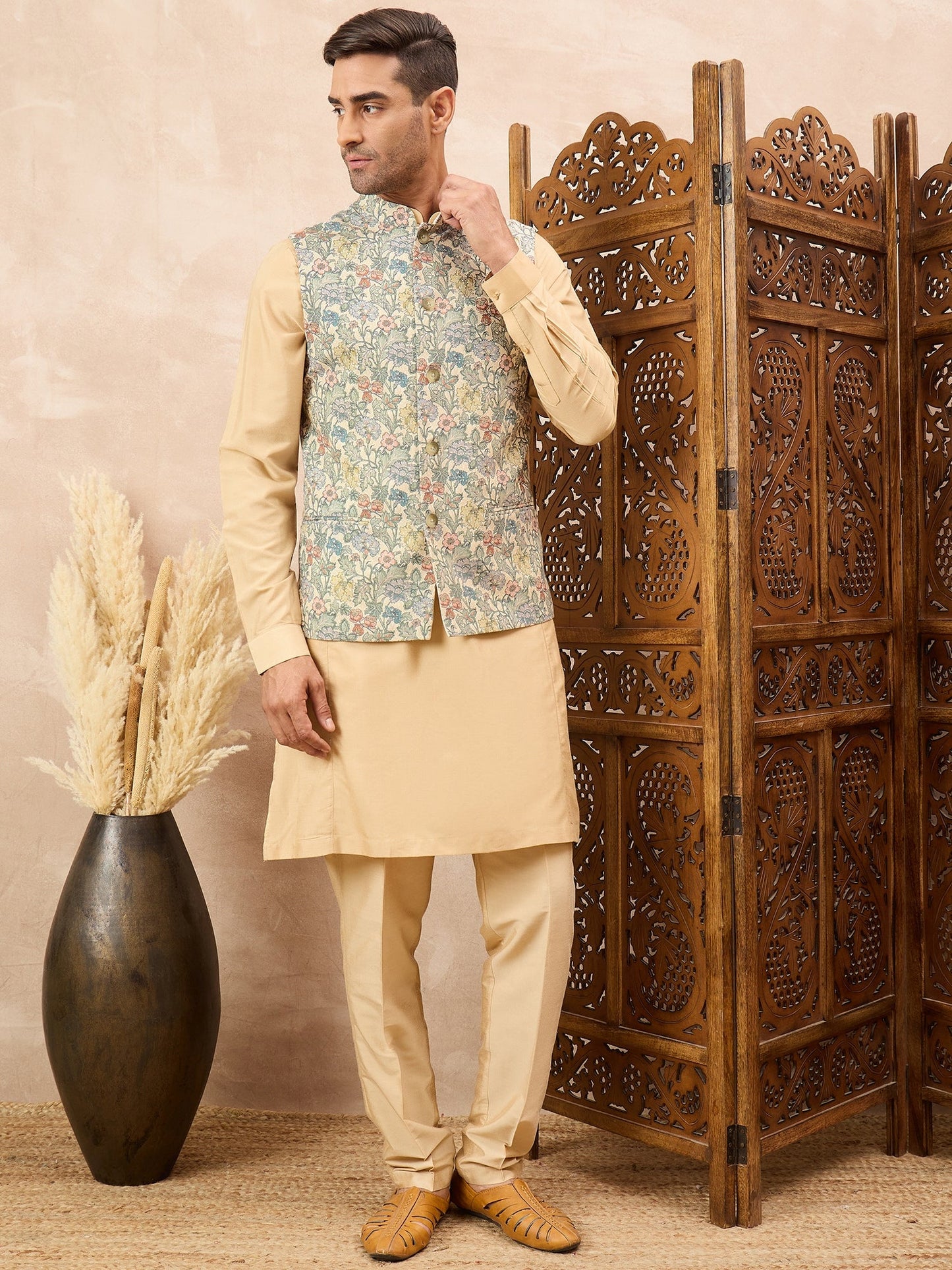 Beige Kurta Waistcoat Set with Floral Print