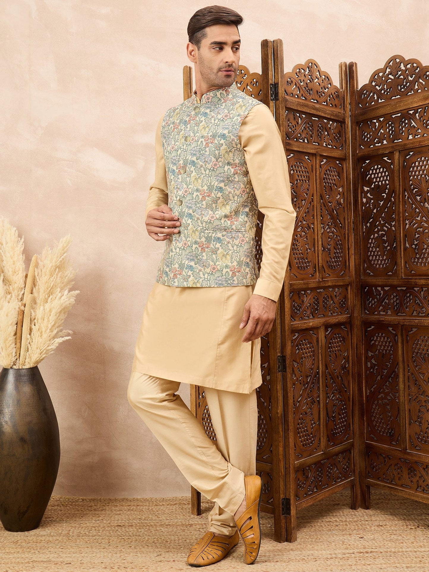 Beige Kurta Waistcoat Set with Floral Print