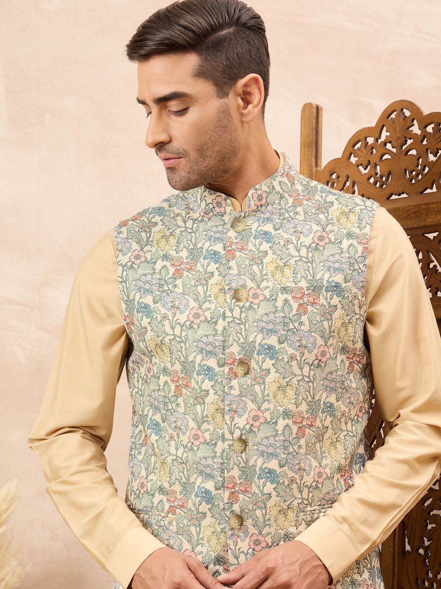 Beige Kurta Waistcoat Set with Floral Print