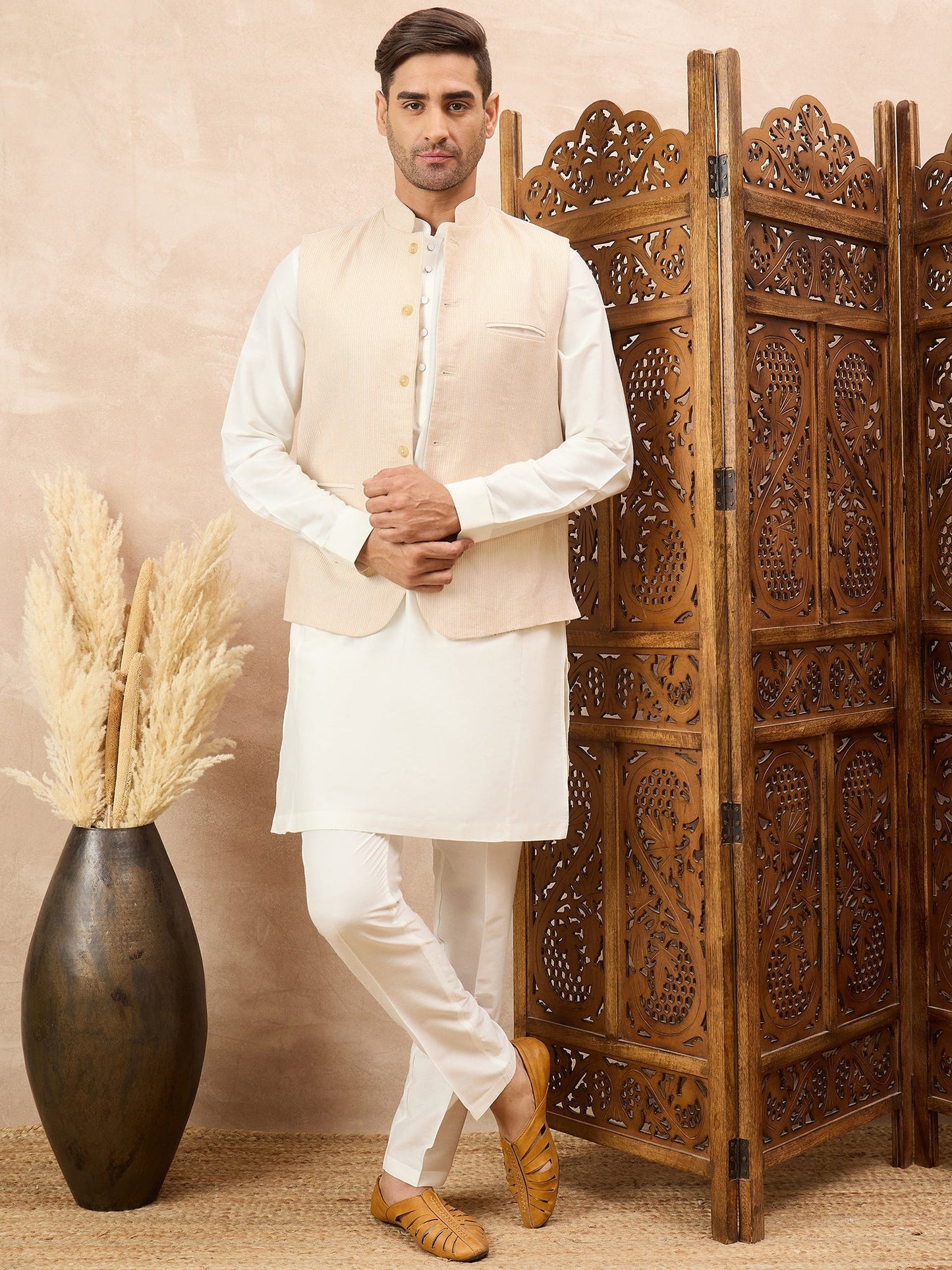 Peach Waistcoat with White Kurta Set