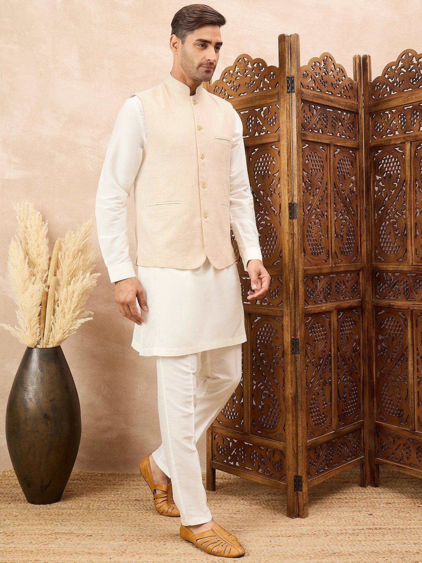 Peach Waistcoat with White Kurta Set