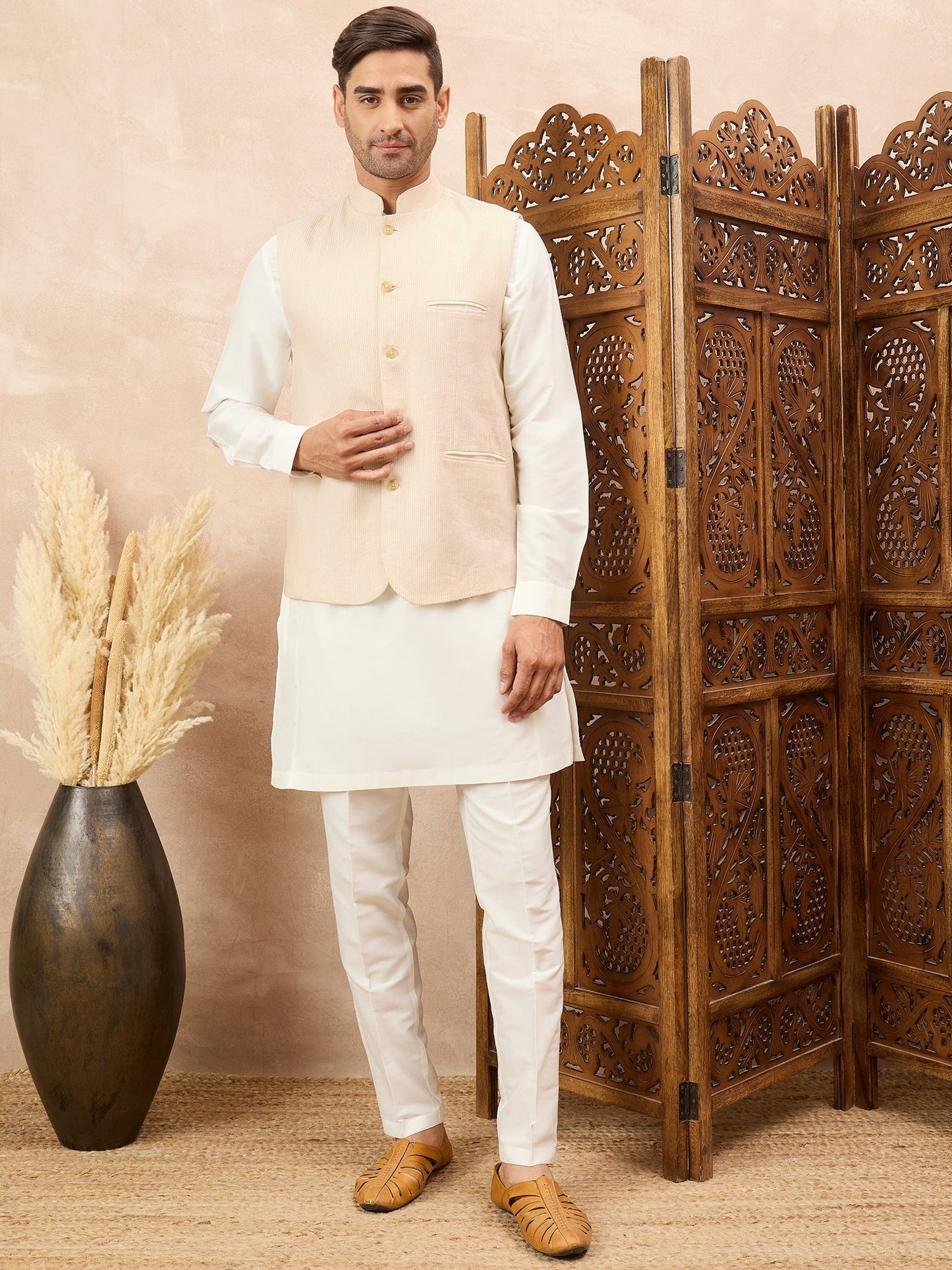 Peach Waistcoat with White Kurta Set