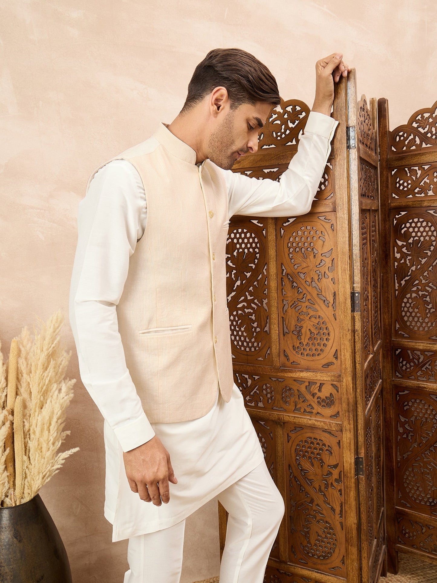 Peach Waistcoat with White Kurta Set
