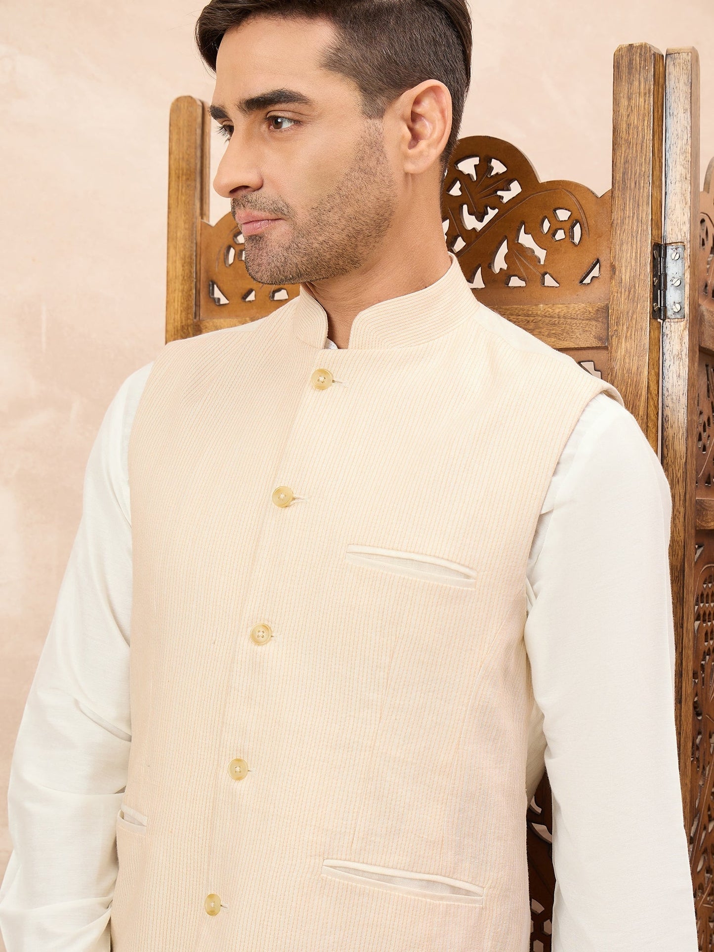 Peach Waistcoat with White Kurta Set