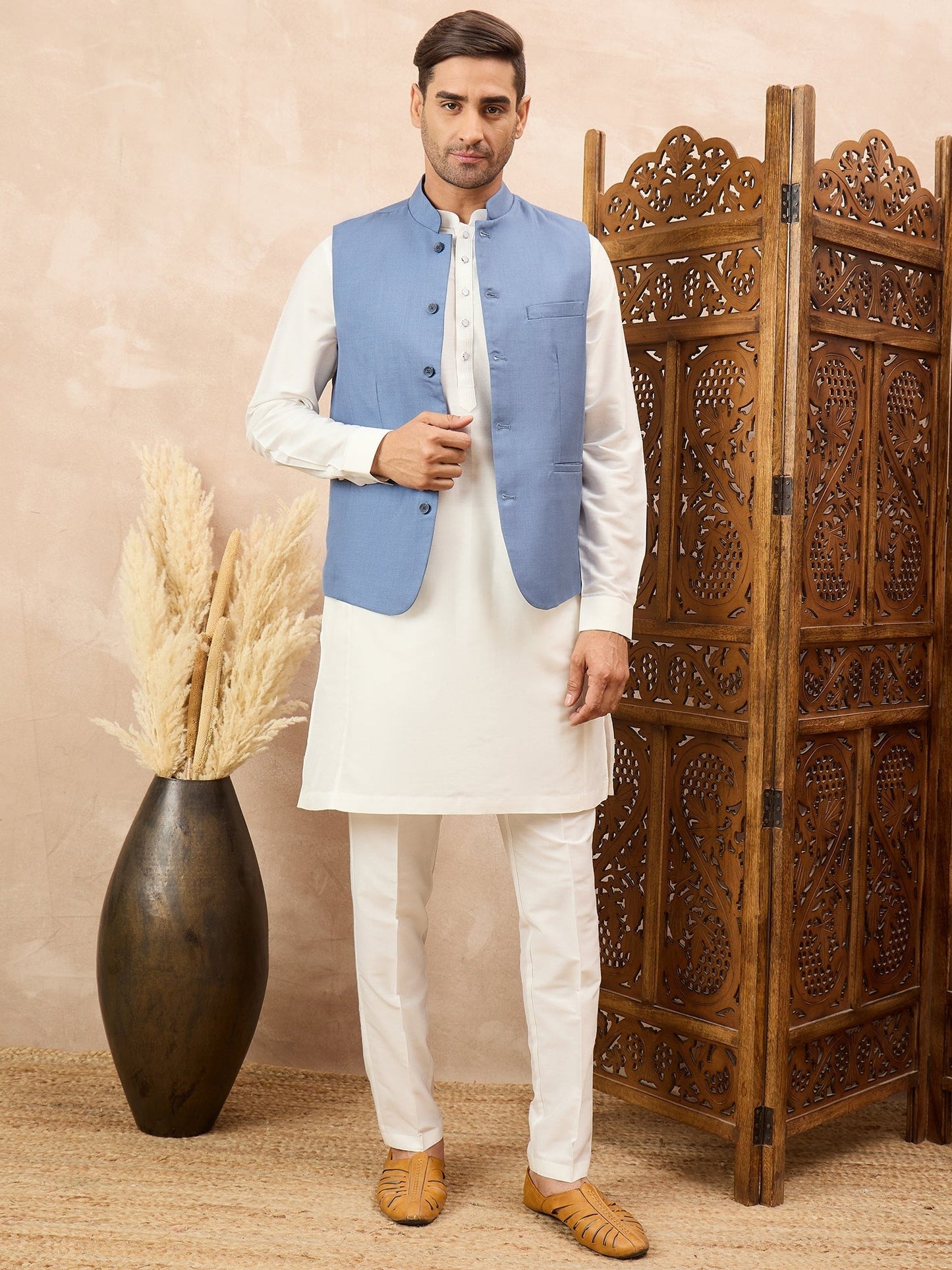 Blue Waistcoat with White Kurta Set