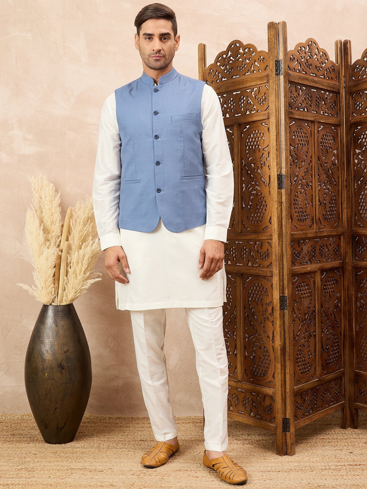Blue Waistcoat with White Kurta Set