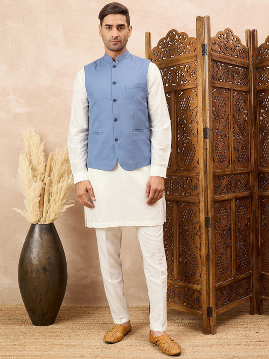 Blue Waistcoat with White Kurta Set