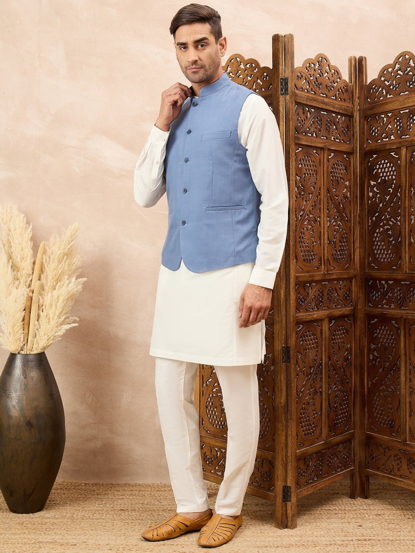 Blue Waistcoat with White Kurta Set