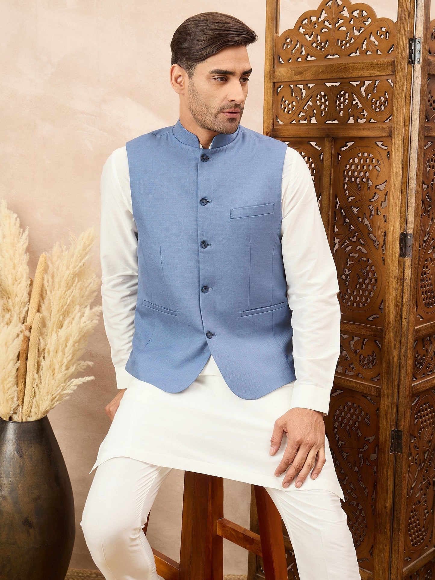 Blue Waistcoat with White Kurta Set
