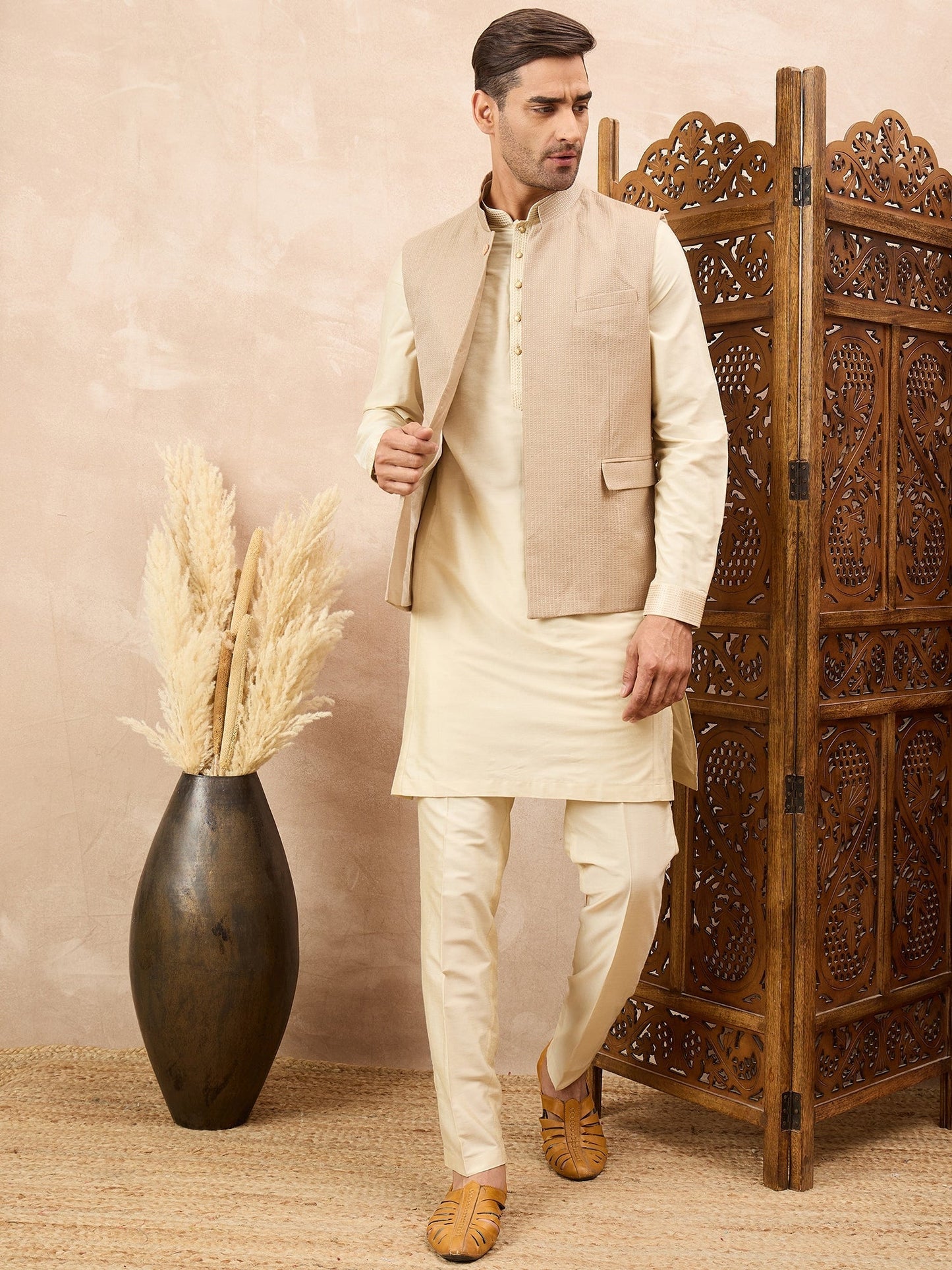 Beige Textured Kurta Waistcoat Set