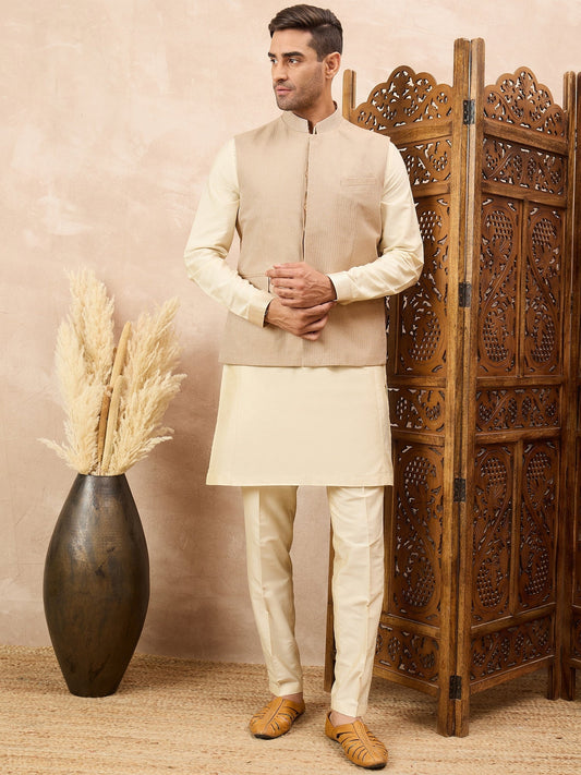 Beige Textured Kurta Waistcoat Set