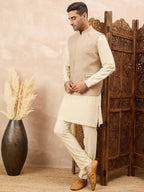 Beige Textured Kurta Waistcoat Set