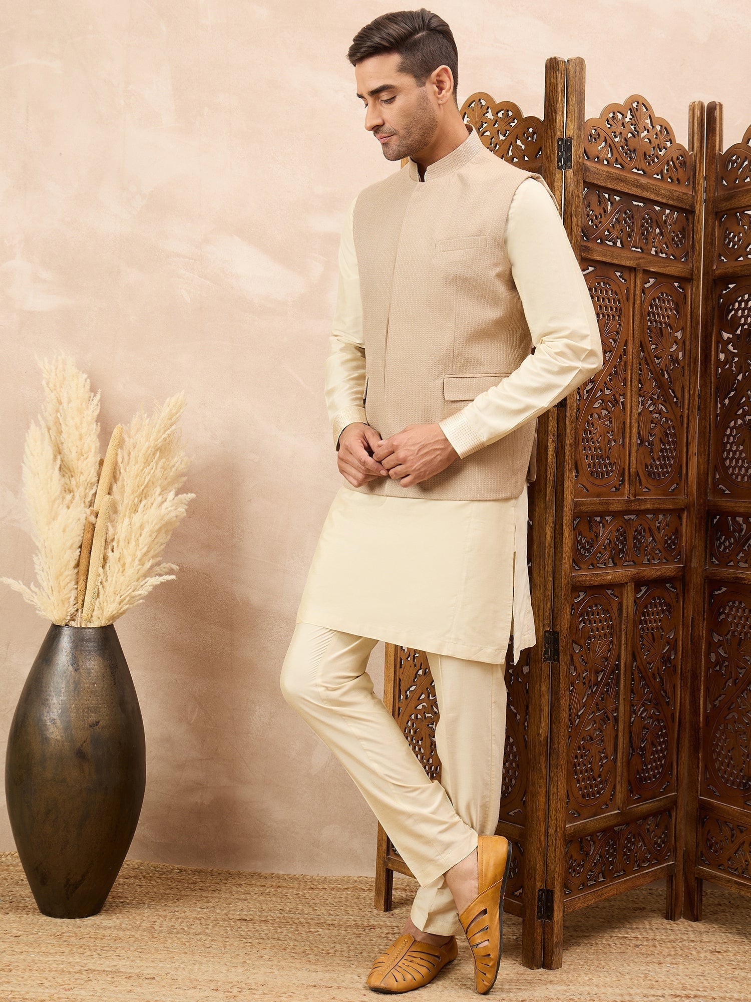 Beige Textured Kurta Waistcoat Set