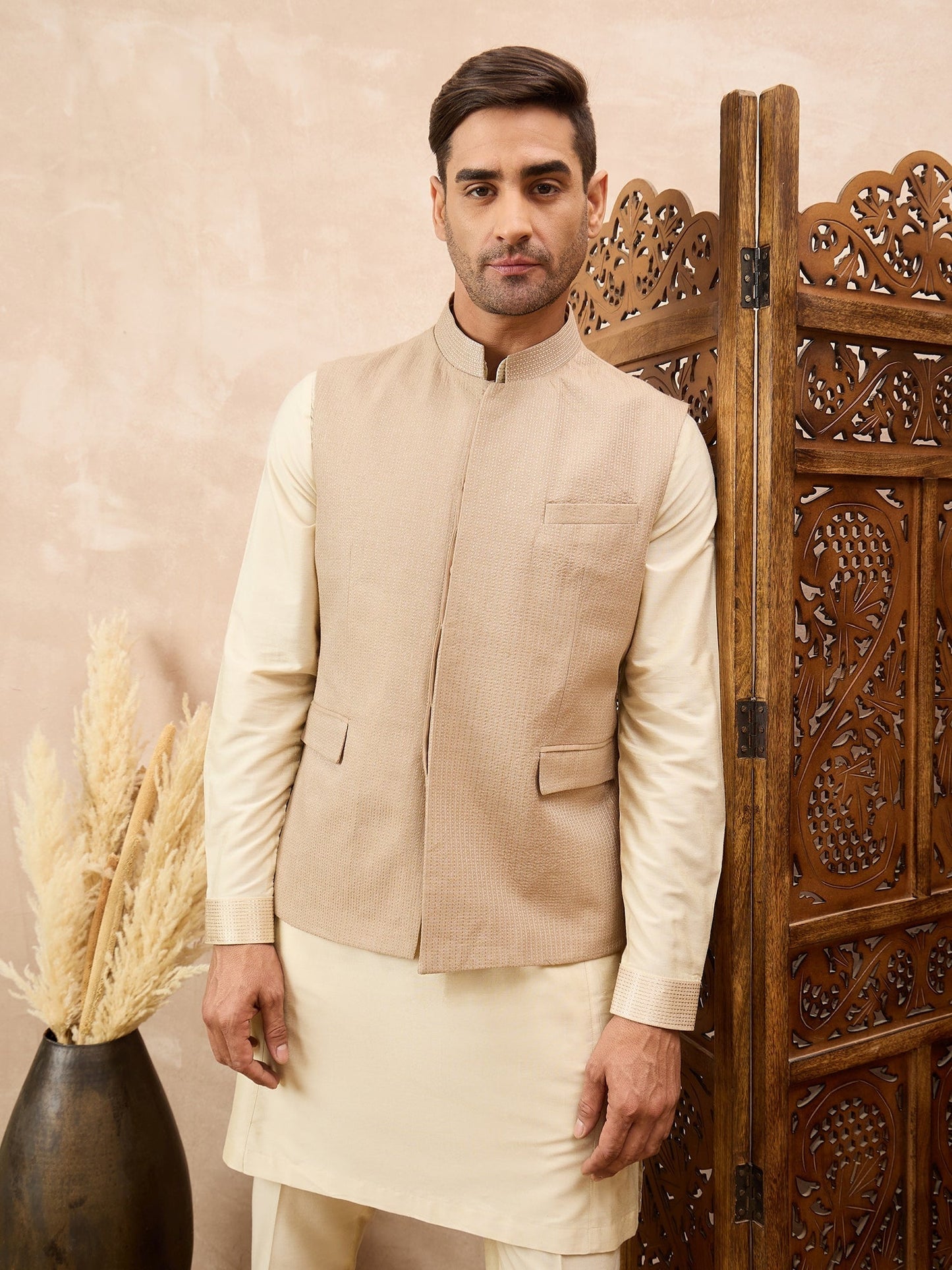 Beige Textured Kurta Waistcoat Set