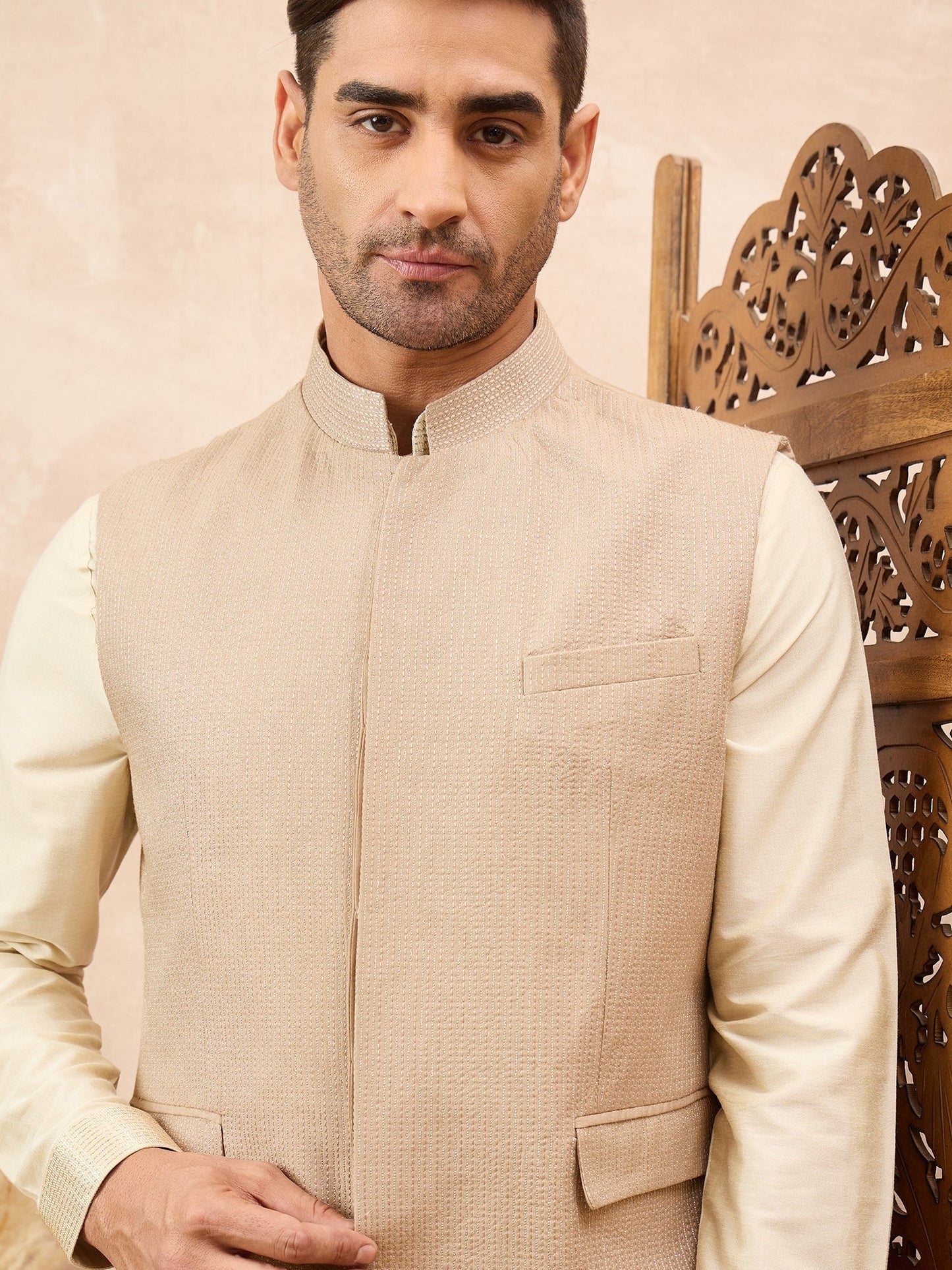 Beige Textured Kurta Waistcoat Set