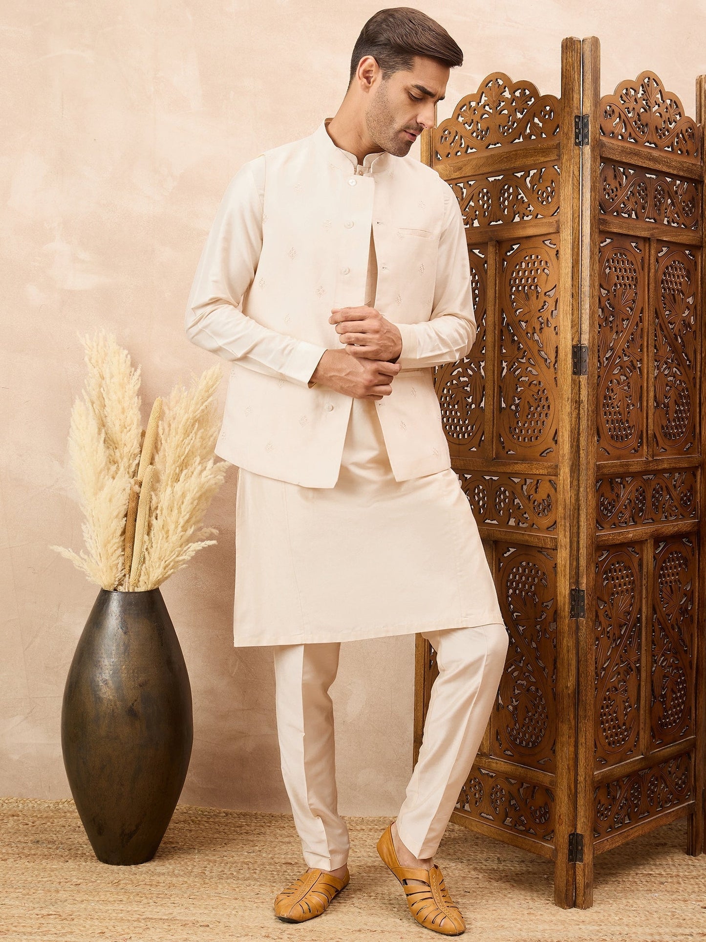 Cream Kurta Waistcoat Set