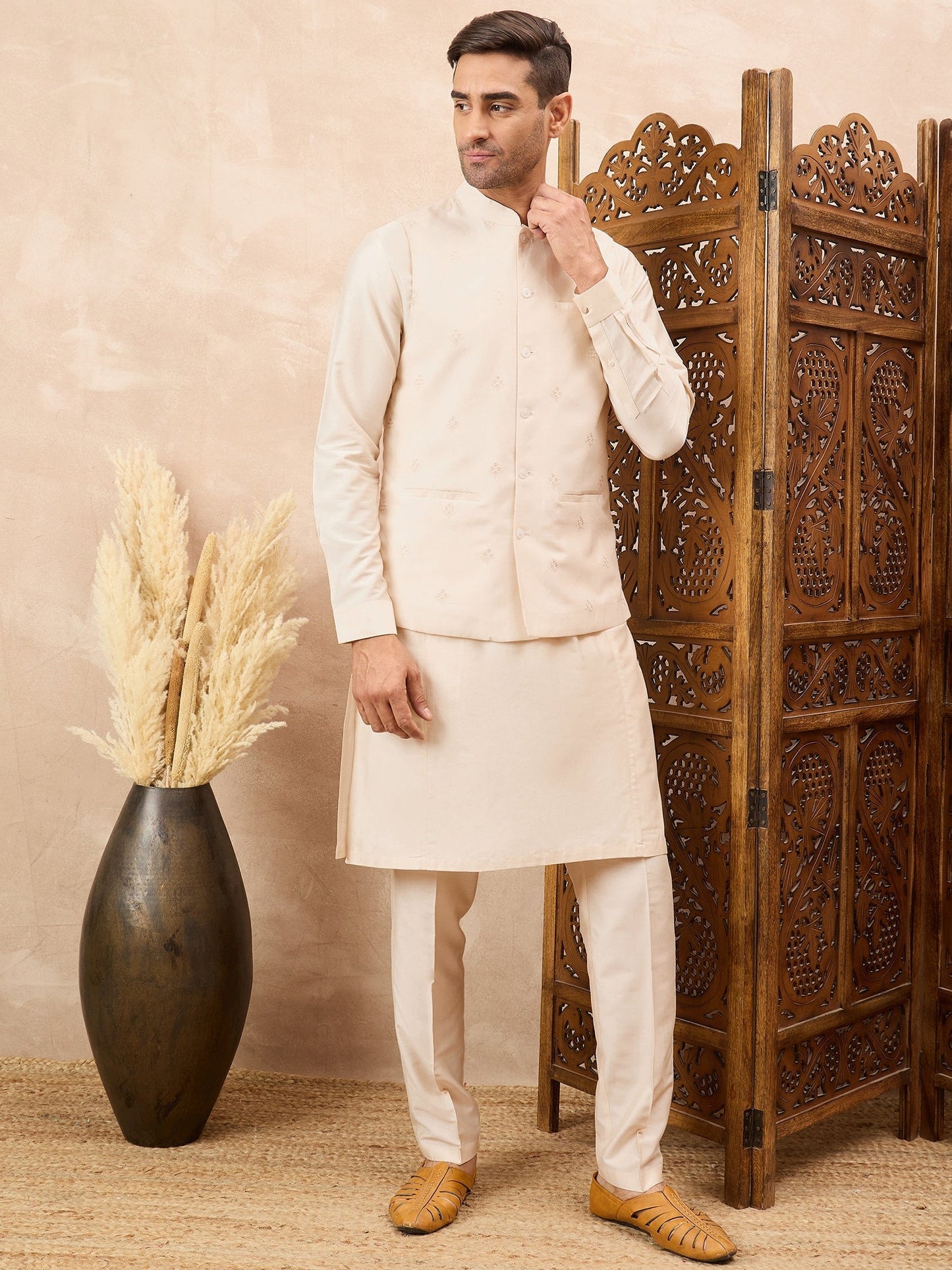 Cream Kurta Waistcoat Set