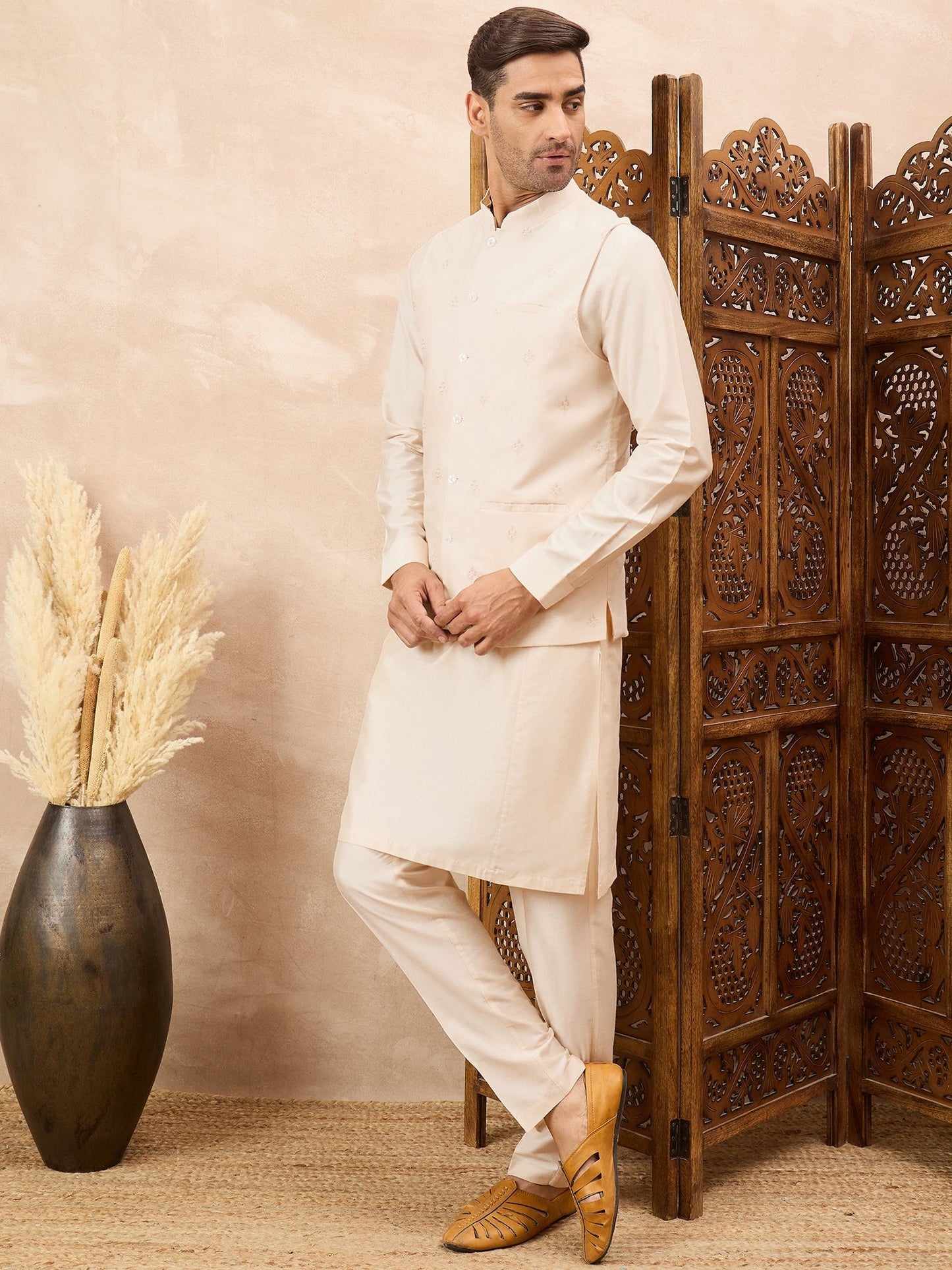 Cream Kurta Waistcoat Set