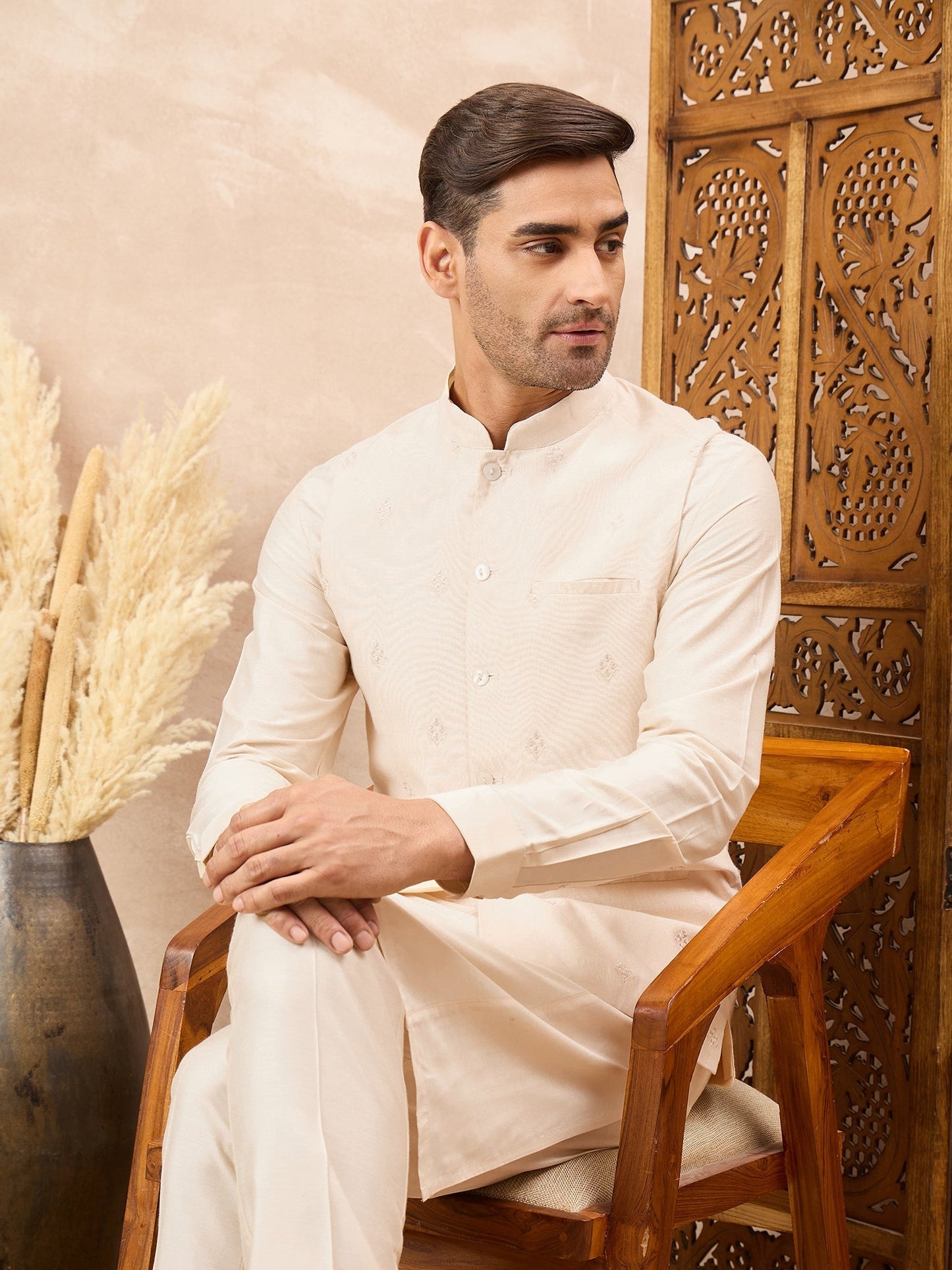 Cream Kurta Waistcoat Set