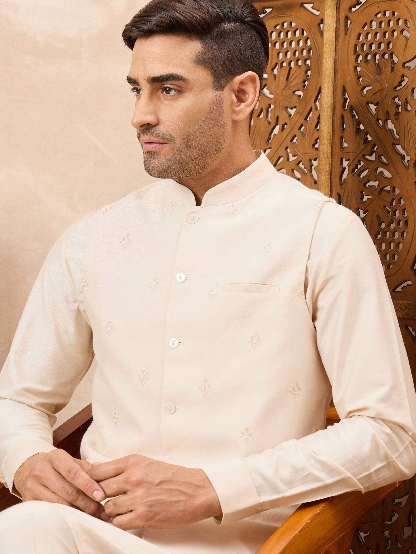 Cream Kurta Waistcoat Set
