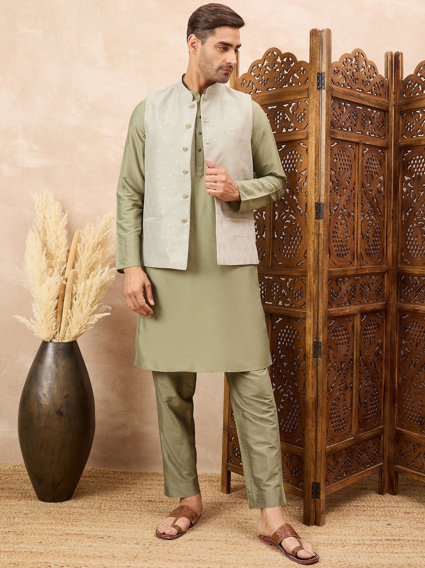 Olive Green Kurta Waistcoat Set